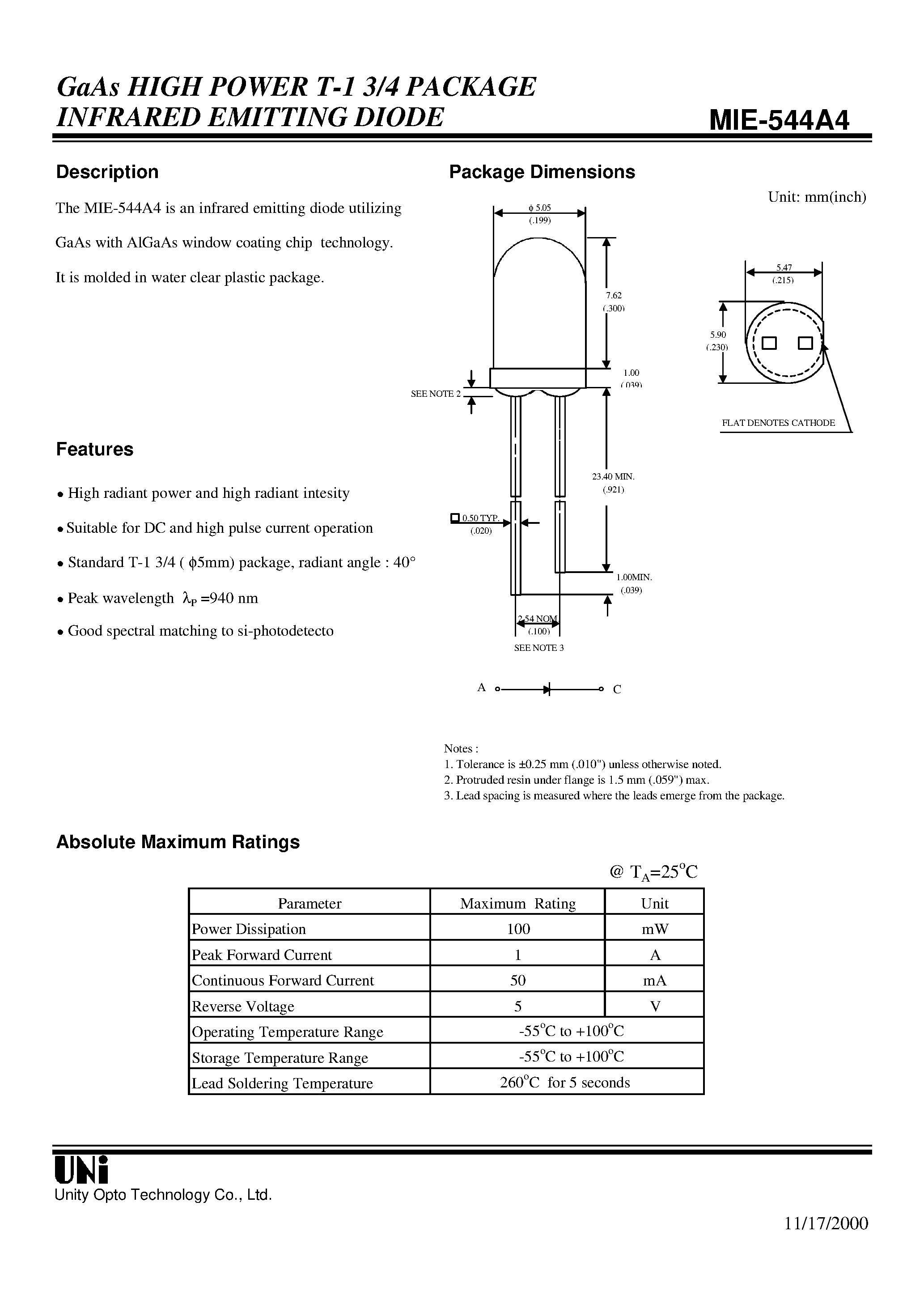 Даташит на микросхему MIE-544A4 страница 1 Даташит MIE-544A4 - GaAs HIGH POWER T-1 3/4 PACKAGE INFRARED EMITTING DIODE страница 1