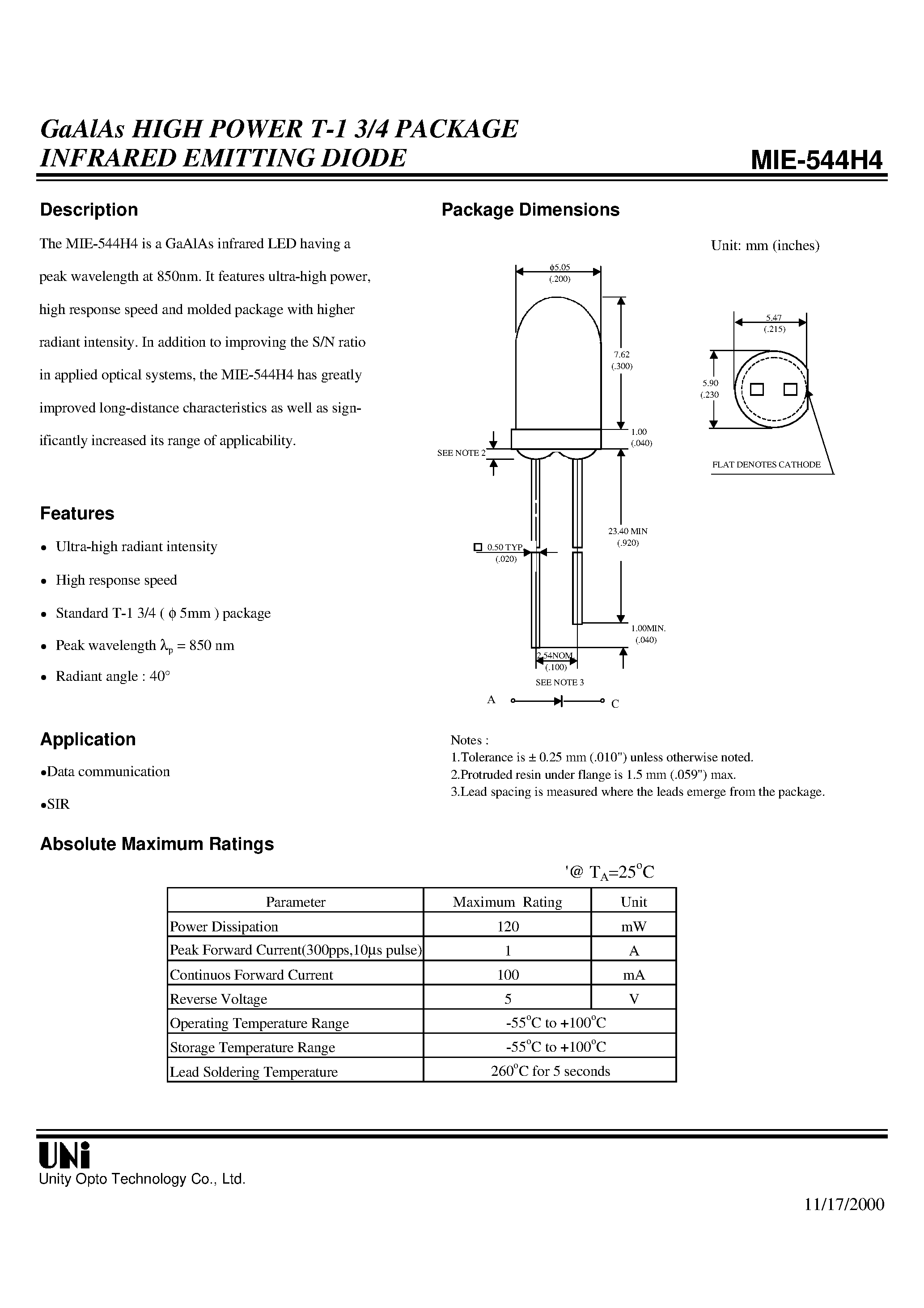 Даташит на микросхему MIE-544H4 страница 1 Даташит MIE-544H4 - GaAlAs HIGH POWER T-1 3/4 PACKAGE INFRARED EMITTING DIODE страница 1