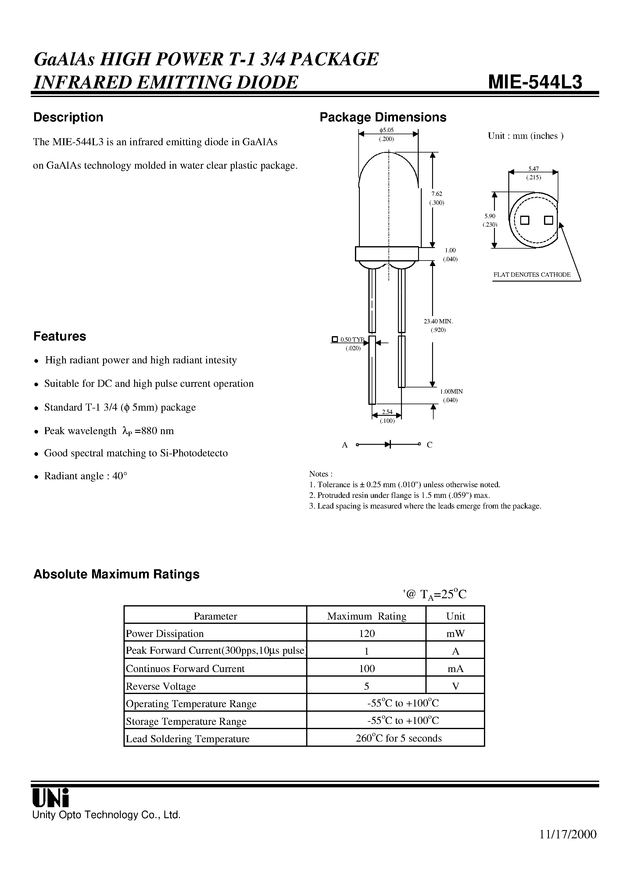 Даташит на микросхему MIE-544L3 страница 1 Даташит MIE-544L3 - GaAlAs HIGH POWER T-1 3/4 PACKAGE INFRARED EMITTING DIODE страница 1