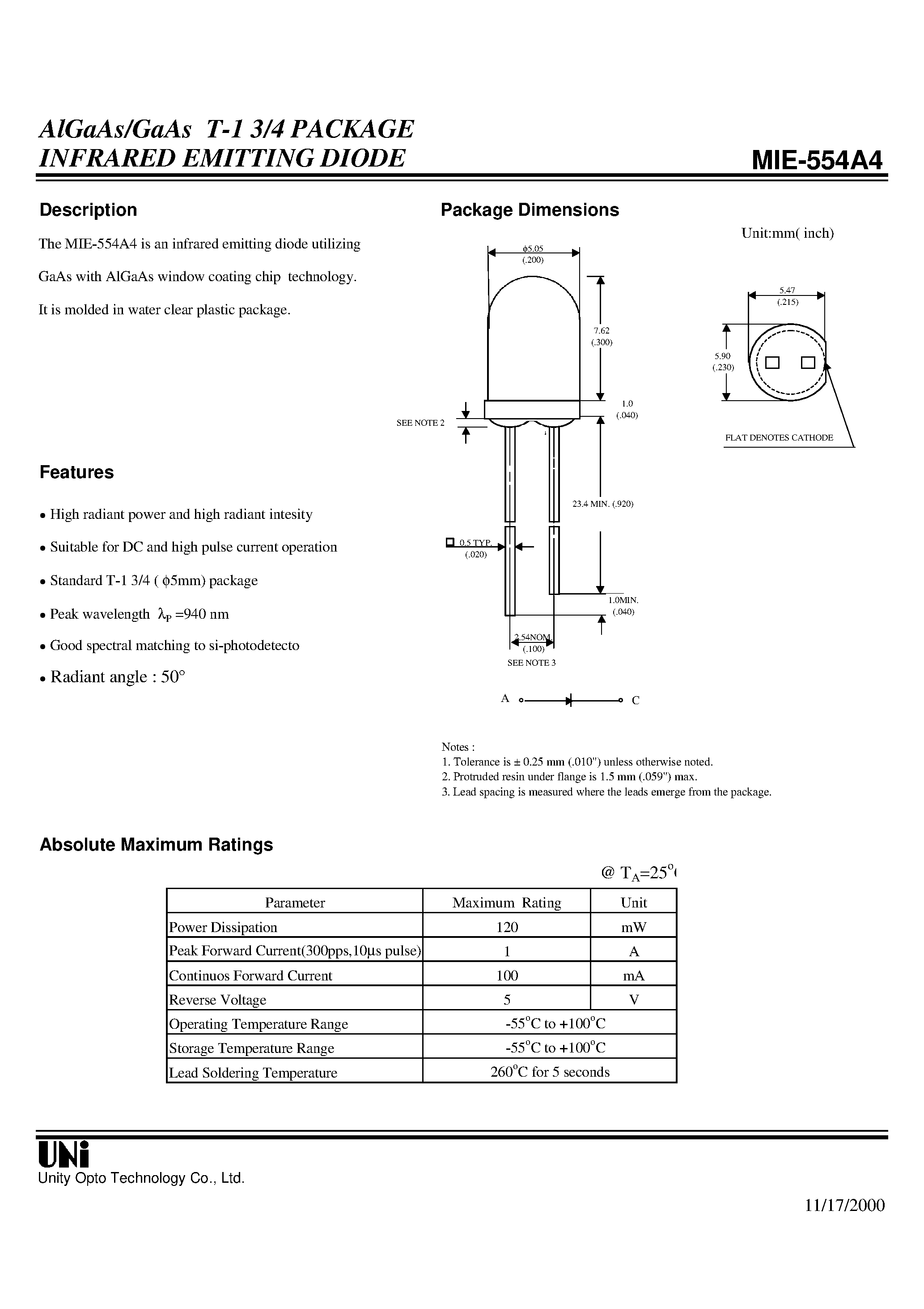 Даташит на микросхему MIE-554A4 страница 1 Даташит MIE-554A4 - AlGaAs/GaAs T-1 3/4 PACKAGE INFRARED EMITTING DIODE страница 1