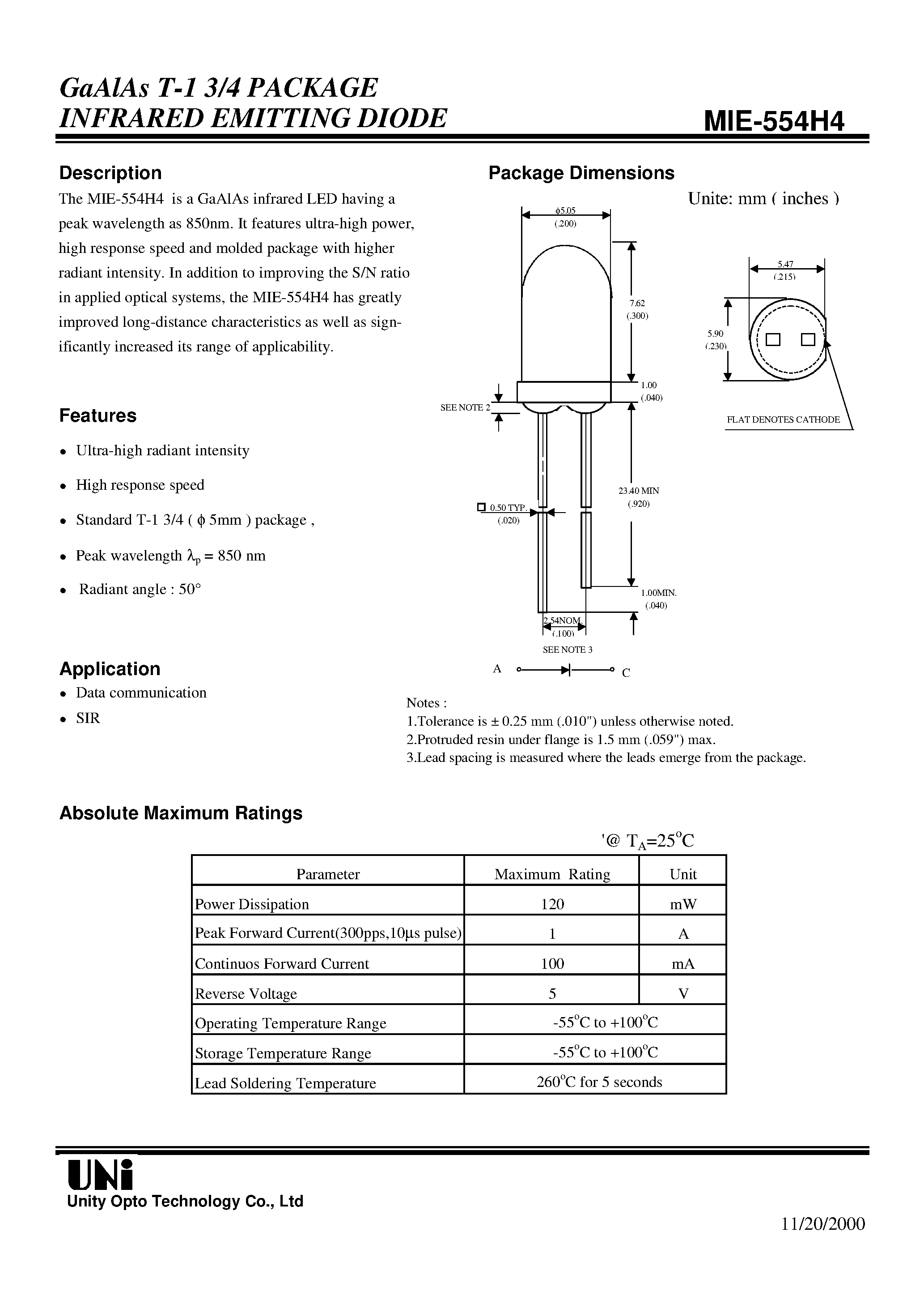 Даташит на микросхему MIE-554H4 страница 1 Даташит MIE-554H4 - GaAlAs T-1 3/4 PACKAGE INFRARED EMITTING DIODE страница 1