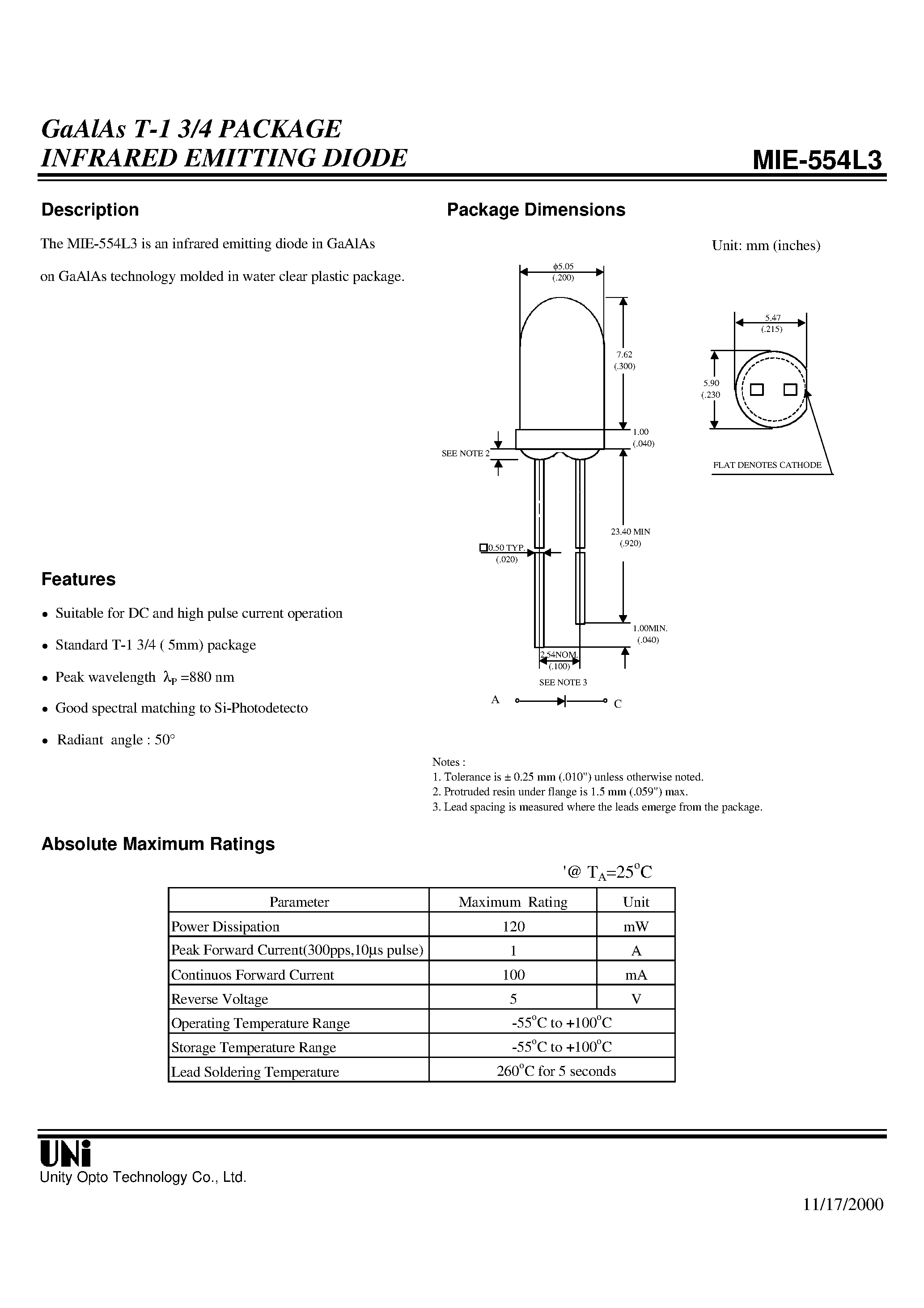 Даташит на микросхему MIE-554L3 страница 1 Даташит MIE-554L3 - GaAlAs T-1 3/4 PACKAGE INFRARED EMITTING DIODE страница 1
