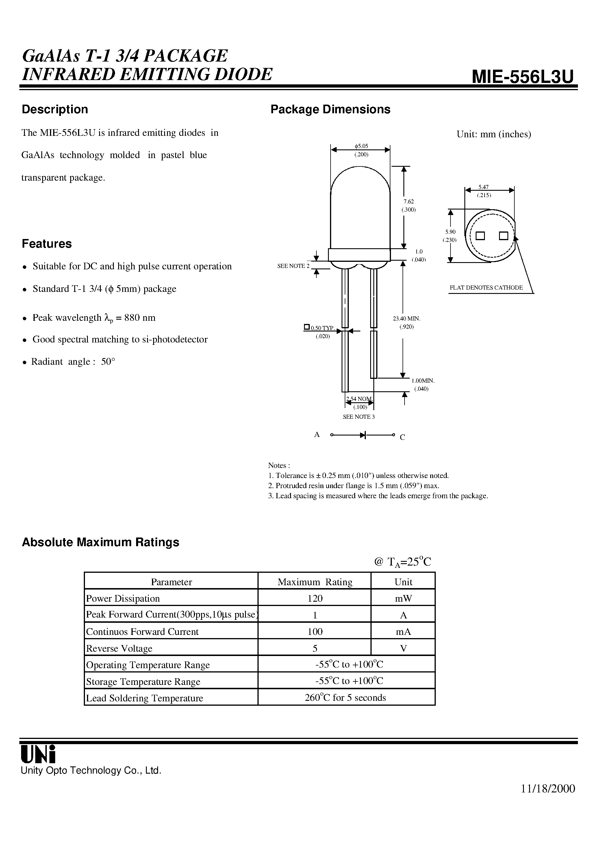 Даташит на микросхему MIE-556L3U страница 1 Даташит MIE-556L3U - GaAlAs T-1 3/4 PACKAGE INFRARED EMITTING DIODE страница 1