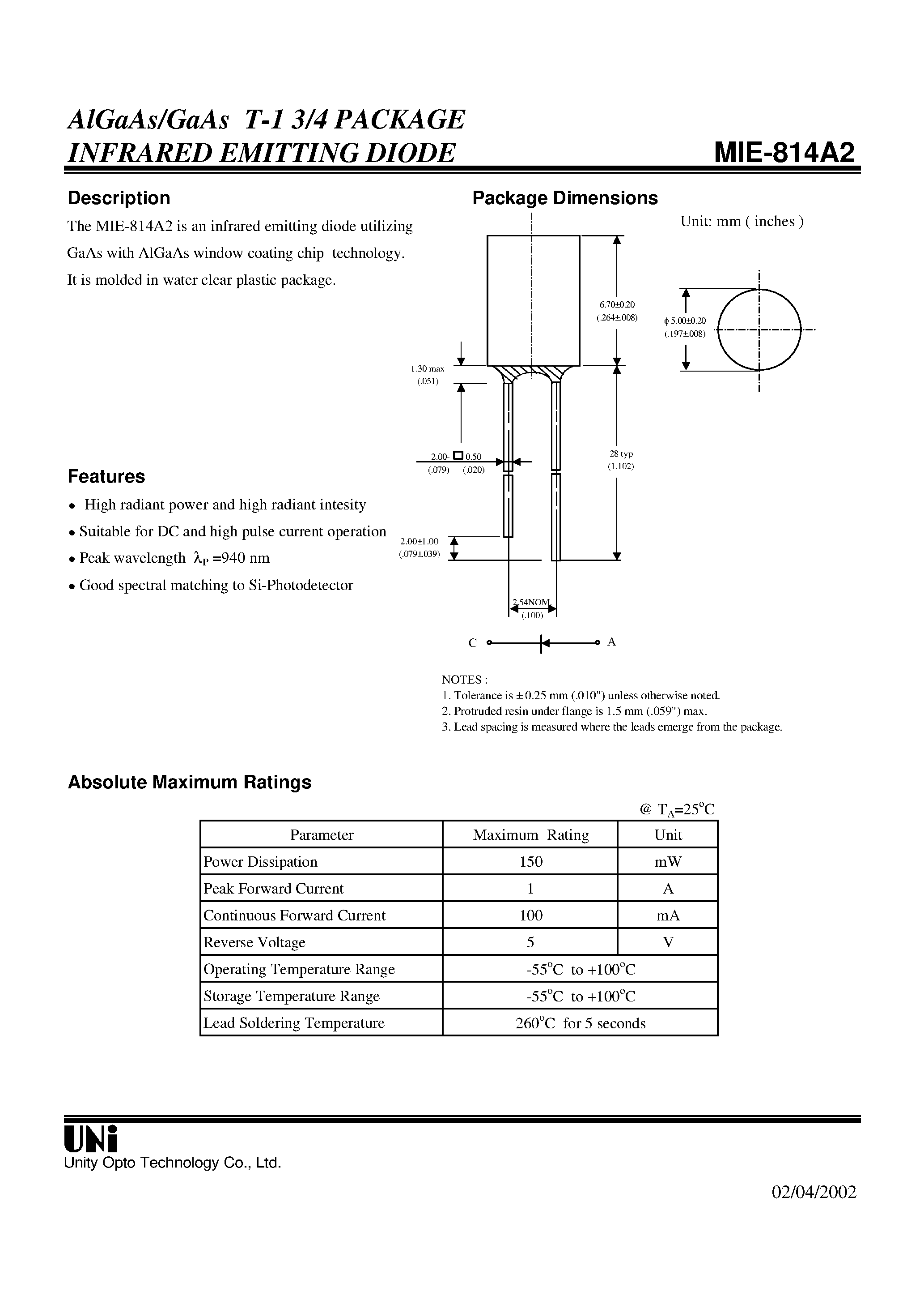 Даташит на микросхему MIE-814A2 страница 1 Даташит MIE-814A2 - AlGaAs/GaAs T-1 3/4 PACKAGE INFRARED EMITTING DIODE страница 1