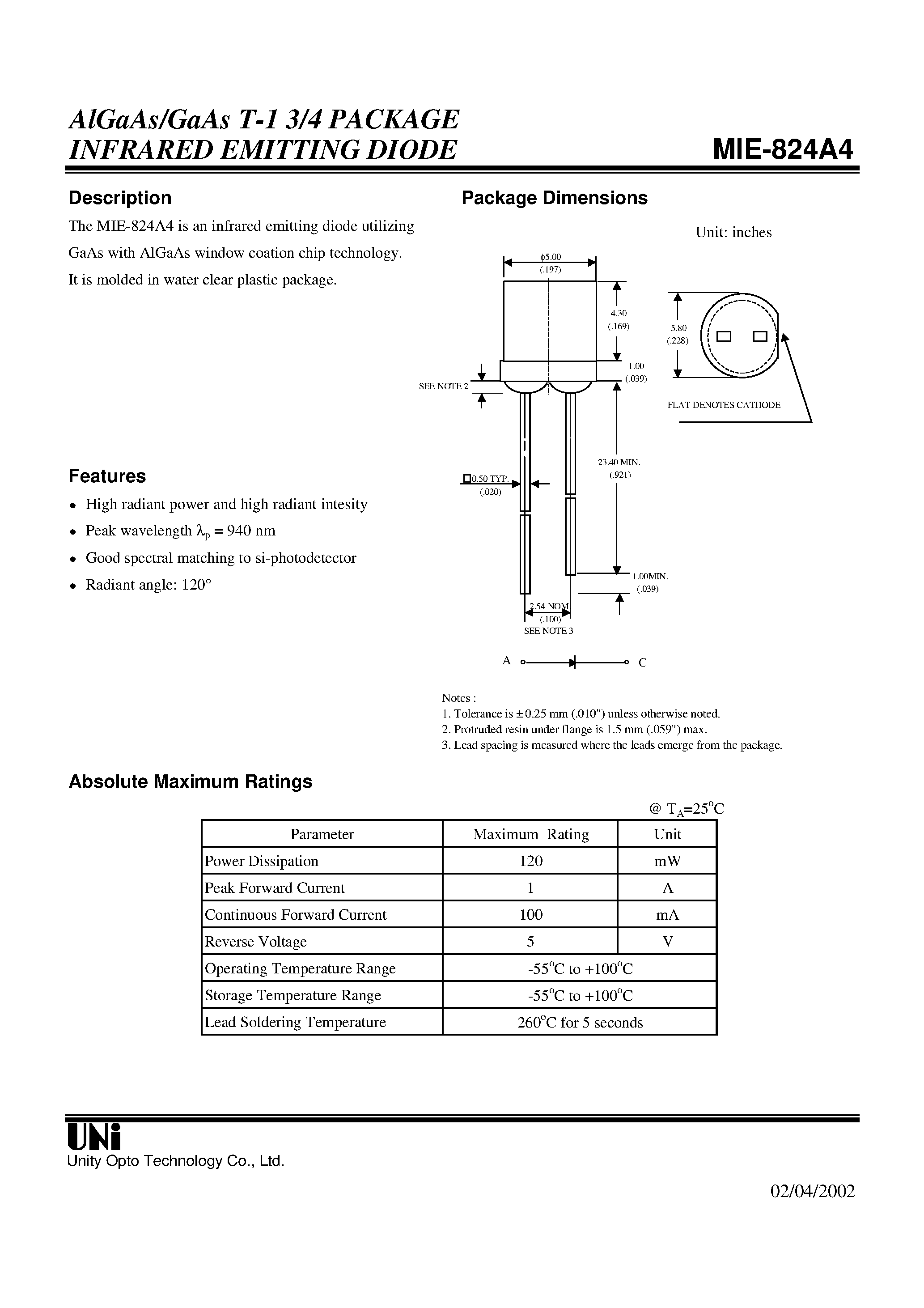 Даташит на микросхему MIE-824A4 страница 1 Даташит MIE-824A4 - AlGaAs/GaAs T-1 3/4 PACKAGE INFRARED EMITTING DIODE страница 1