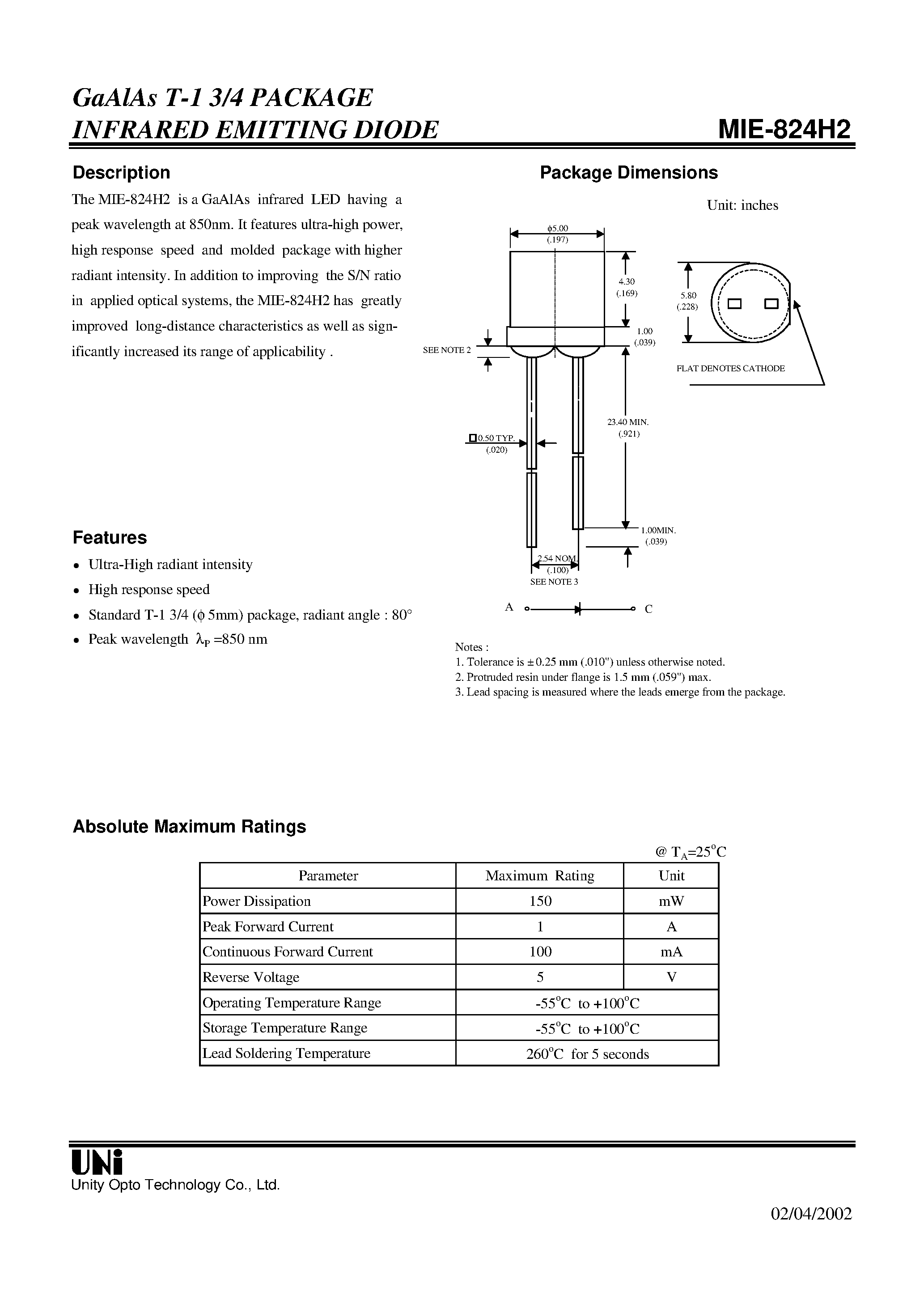 Даташит на микросхему MIE-824H2 страница 1 Даташит MIE-824H2 - GaAlAs T-1 3/4 PACKAGE INFRARED EMITTING DIODE страница 1