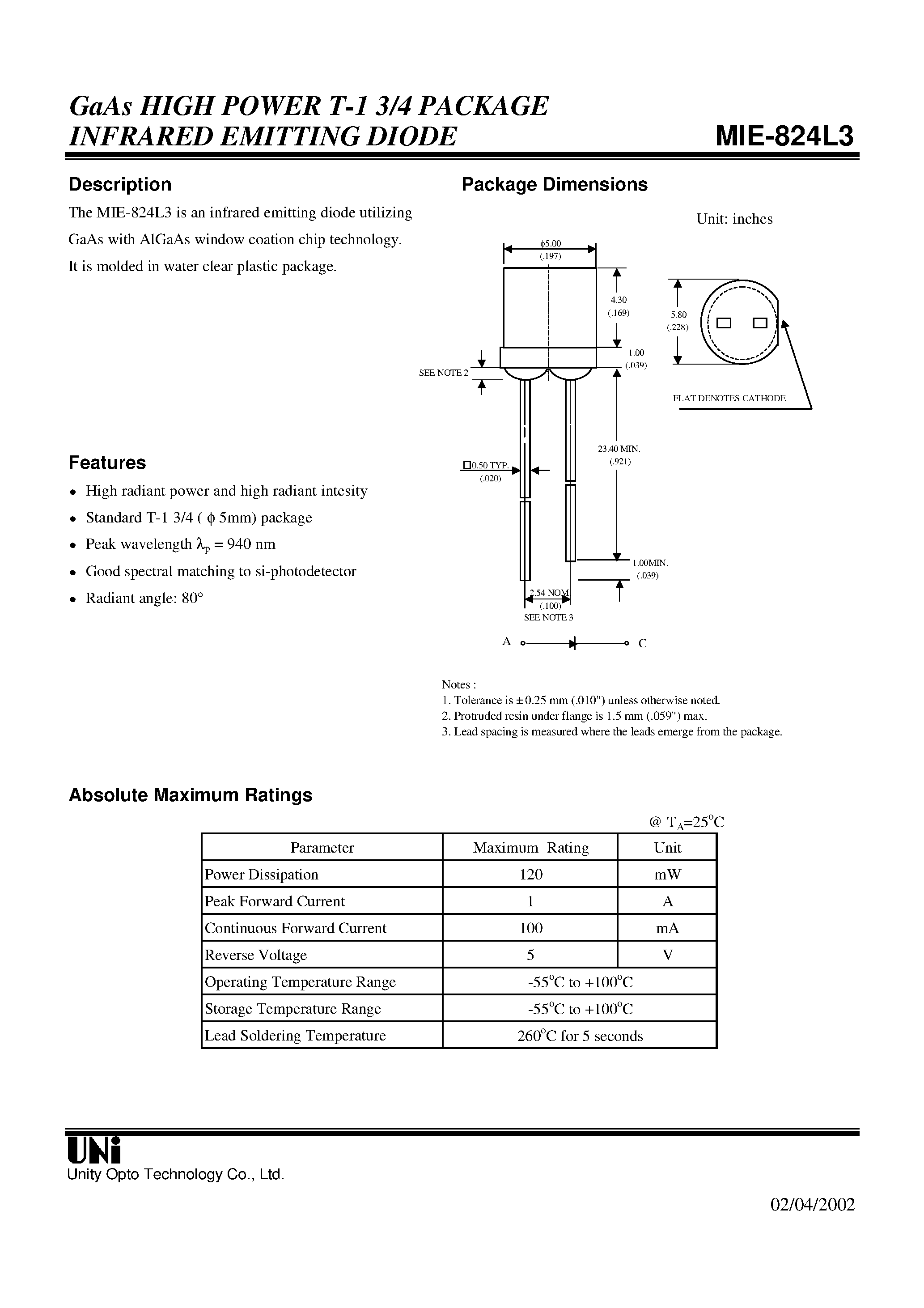 Даташит на микросхему MIE-824L3 страница 1 Даташит MIE-824L3 - GaAs HIGH POWER T-1 3/4 PACKAGE INFRARED EMITTING DIODE страница 1