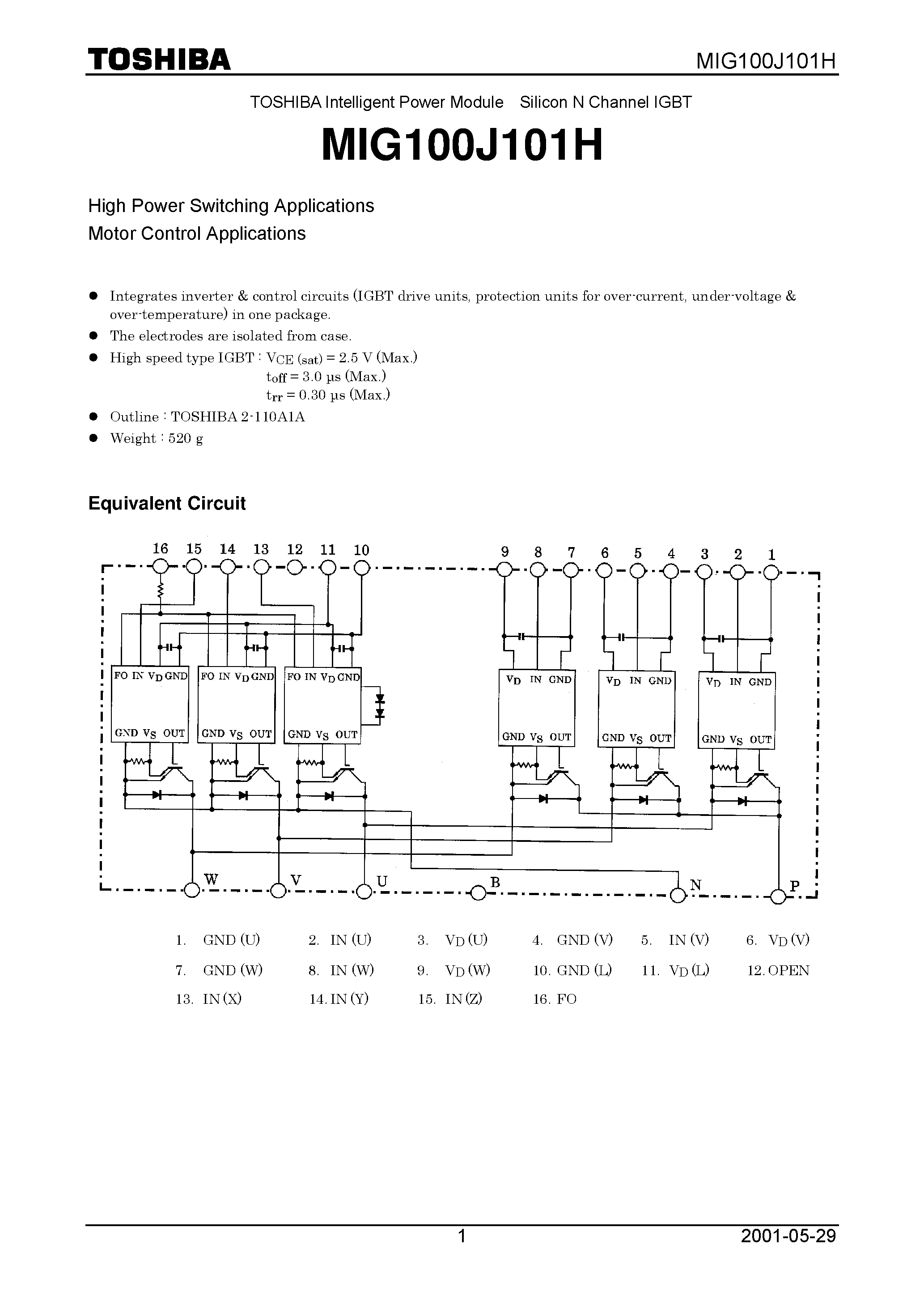 Datasheet MIG100J101H - TOSHIBA Intelligent Power Module Silicon N Channel IGBT page 1