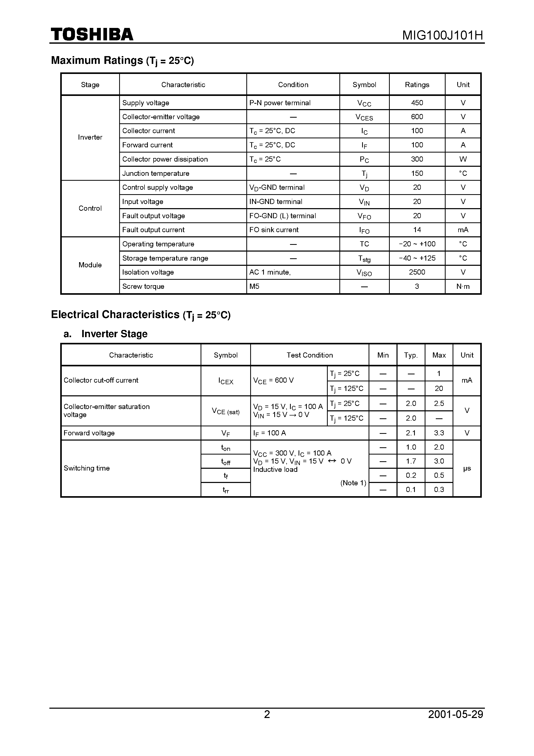 Datasheet MIG100J101H - TOSHIBA Intelligent Power Module Silicon N Channel IGBT page 2