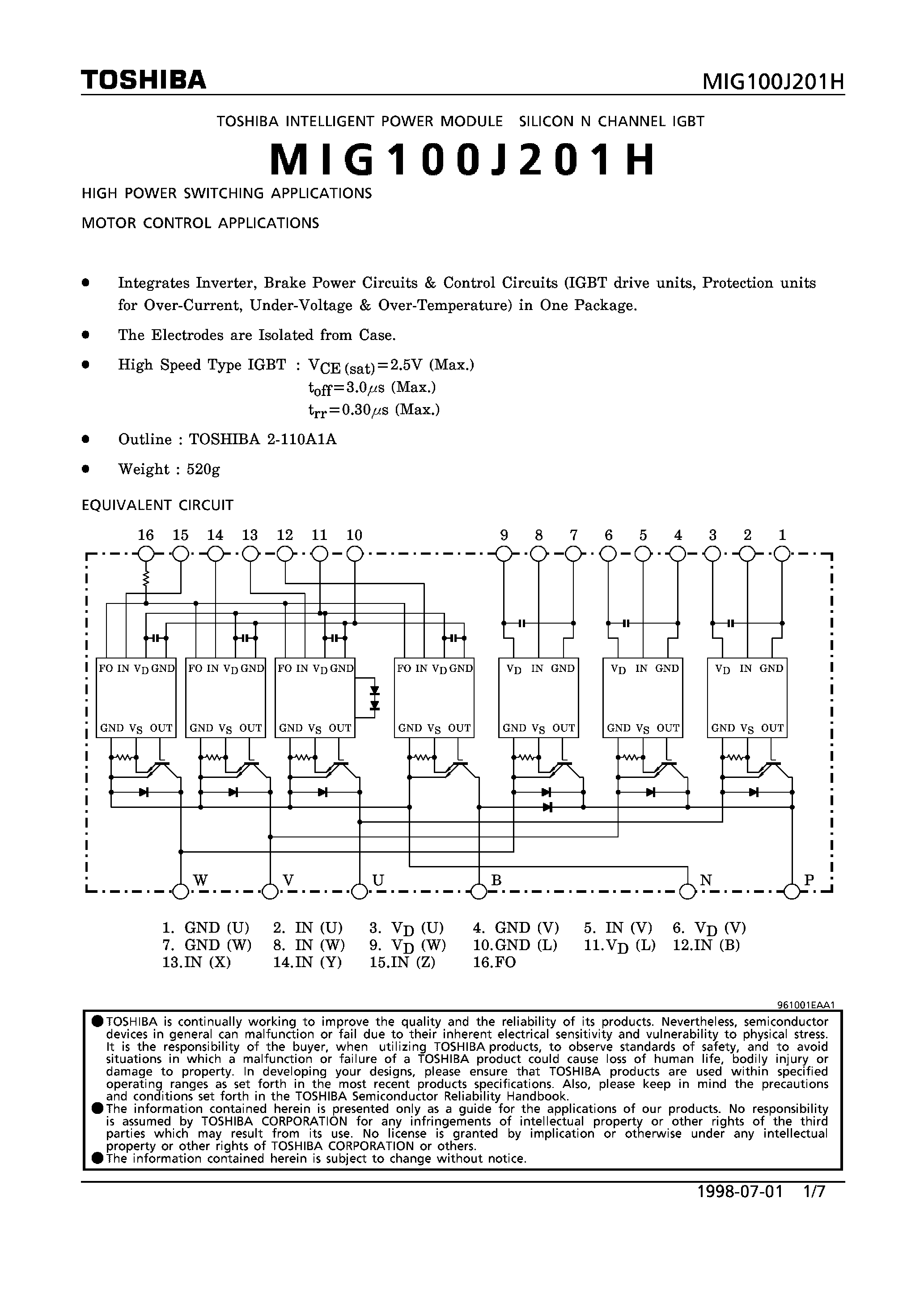 Datasheet MIG100J201H - N CHANNEL IGBT (HIGH POWER SWITCHING/ MOTOR CONTROL APPLICATIONS) page 1