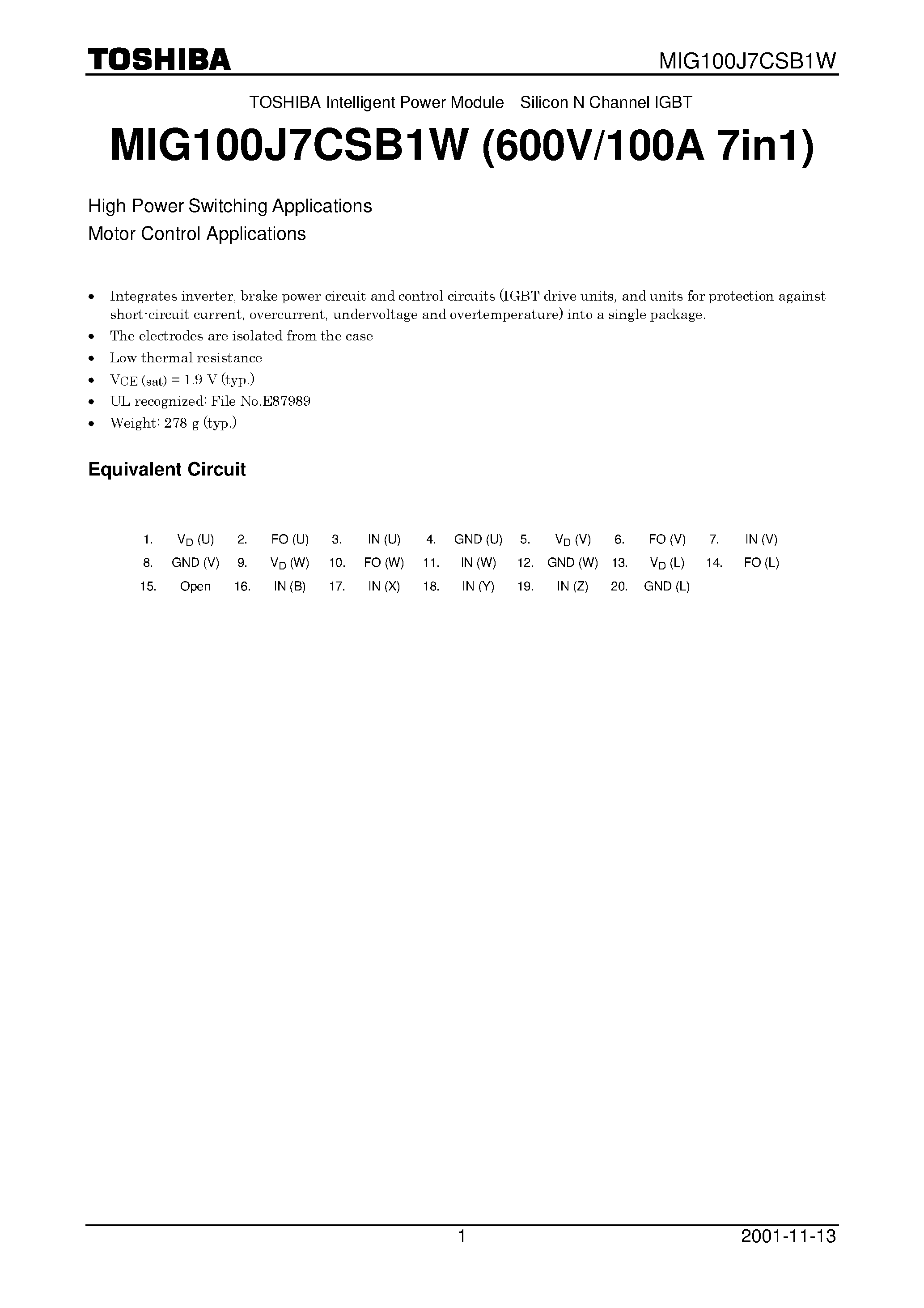 Datasheet MIG100J7CSB1W - TOSHIBA Intelligent Power Module Silicon N Channel IGBT page 1