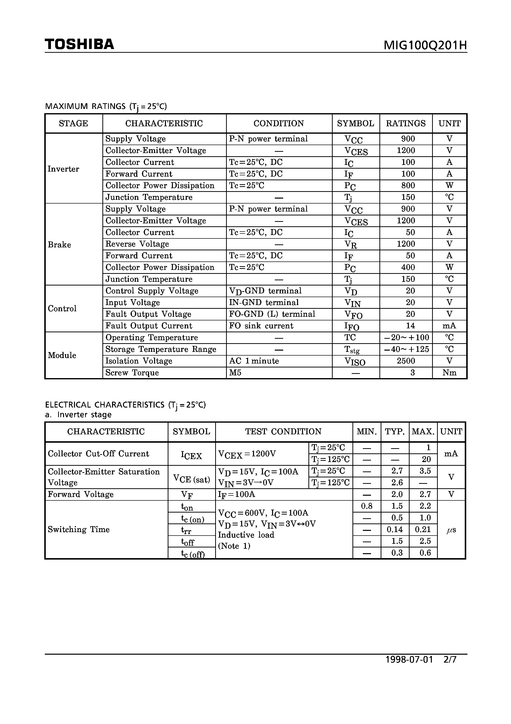 Datasheet MIG100Q201H - N CHANNEL IGBT (HIGH POWER SWITCHING/ MOTOR CONTROL APPLICATIONS) page 2