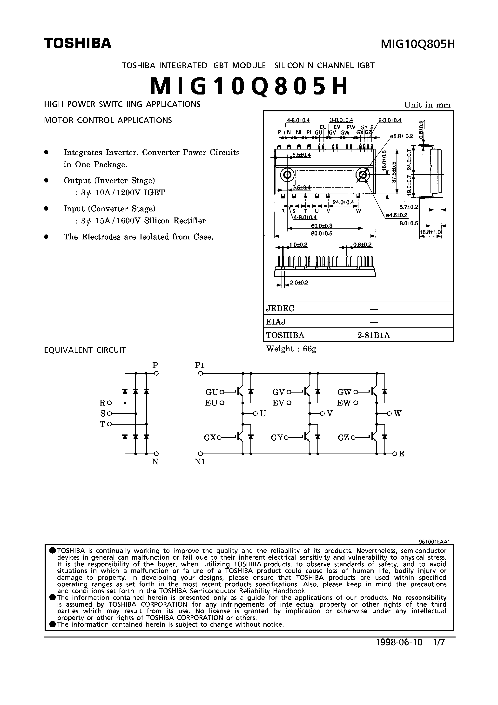 Datasheet MIG10Q805H - N CHANNEL IGBT (HIGH POWER SWITCHING/ MOTOR CONTROL APPLICATIONS) page 1