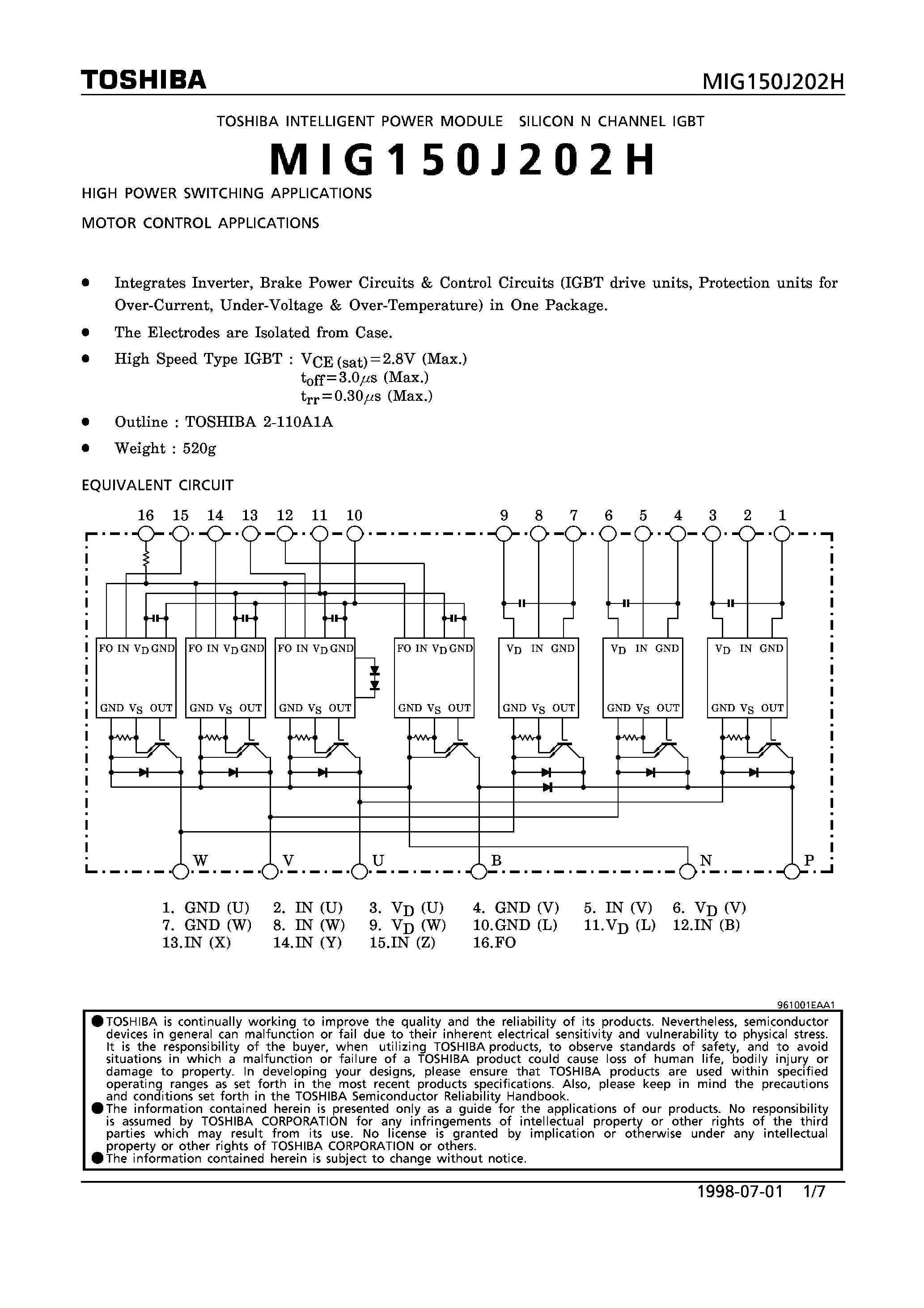 Datasheet MIG150J202H - N CHANNEL IGBT (HIGH POWER SWITCHING/ MOTOR CONTROL APPLICATIONS) page 1