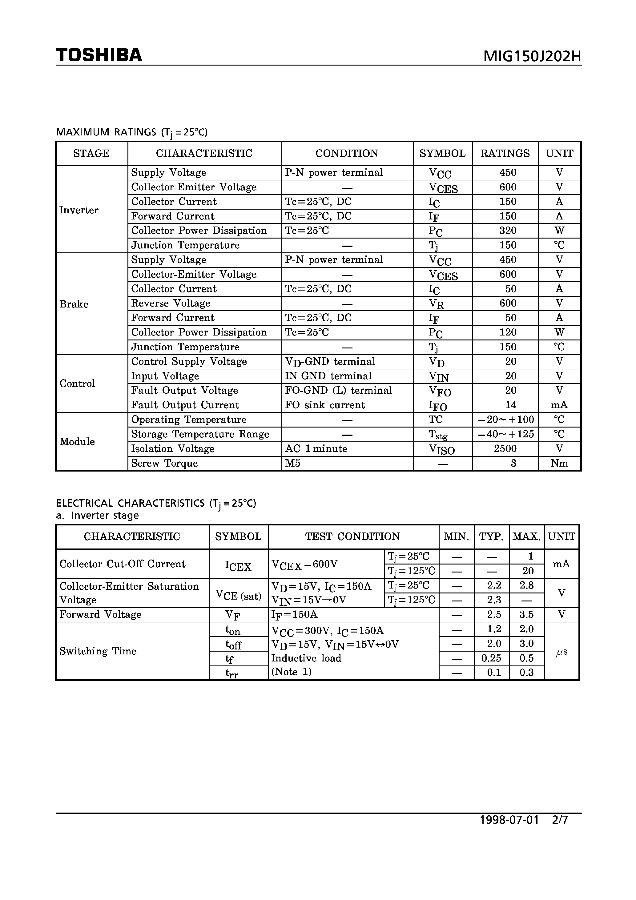 Datasheet MIG150J202H - N CHANNEL IGBT (HIGH POWER SWITCHING/ MOTOR CONTROL APPLICATIONS) page 2