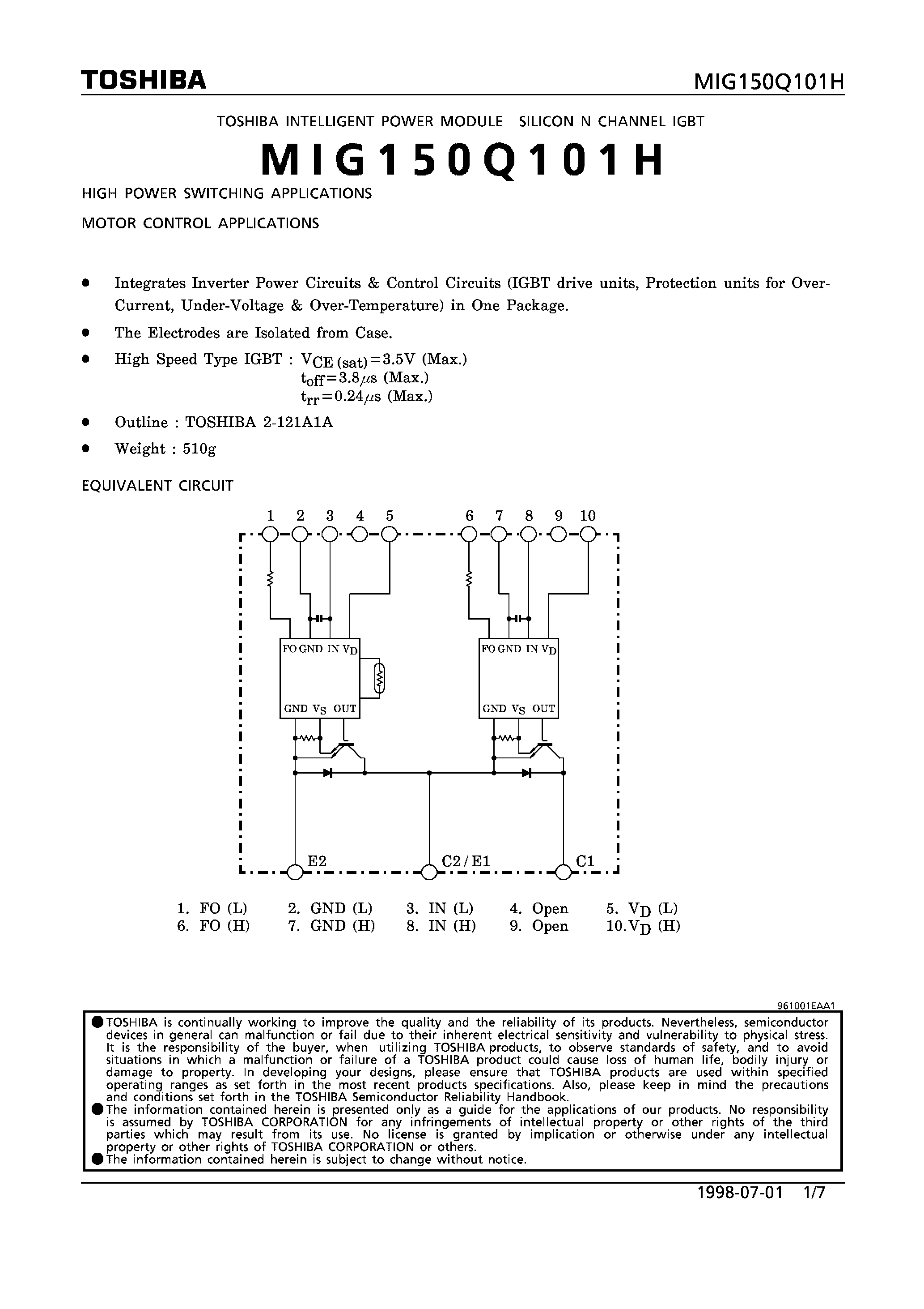 Datasheet MIG150Q101H - N CHANNEL IGBT (HIGH POWER SWITCHING/ MOTOR CONTROL APPLICATIONS) page 1