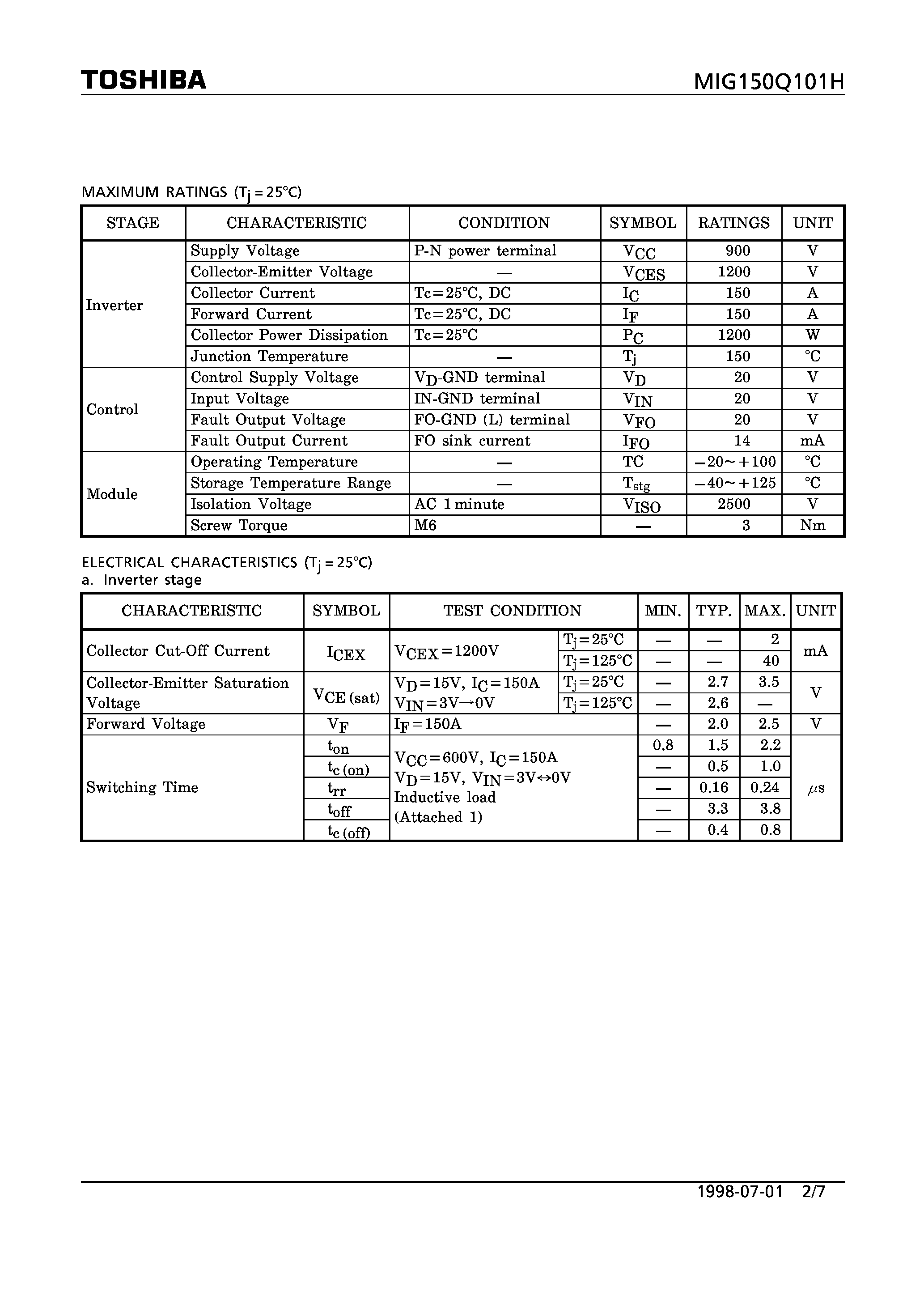 Datasheet MIG150Q101H - N CHANNEL IGBT (HIGH POWER SWITCHING/ MOTOR CONTROL APPLICATIONS) page 2