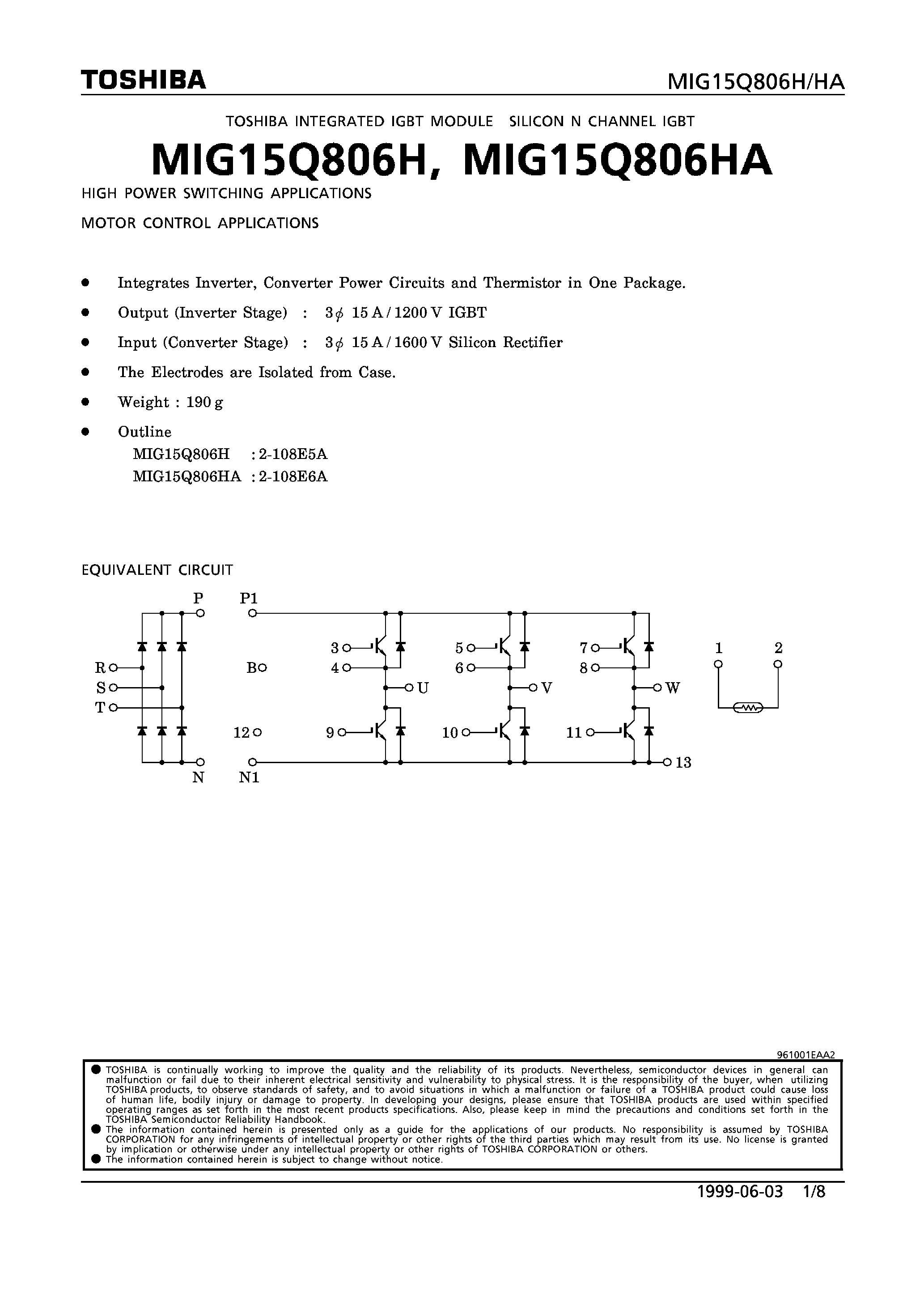 Datasheet MIG15Q806HA - N CHANNEL IGBT (HIGH POWER SWITCHING/ MOTOR CONTROL APPLICATIONS) page 1