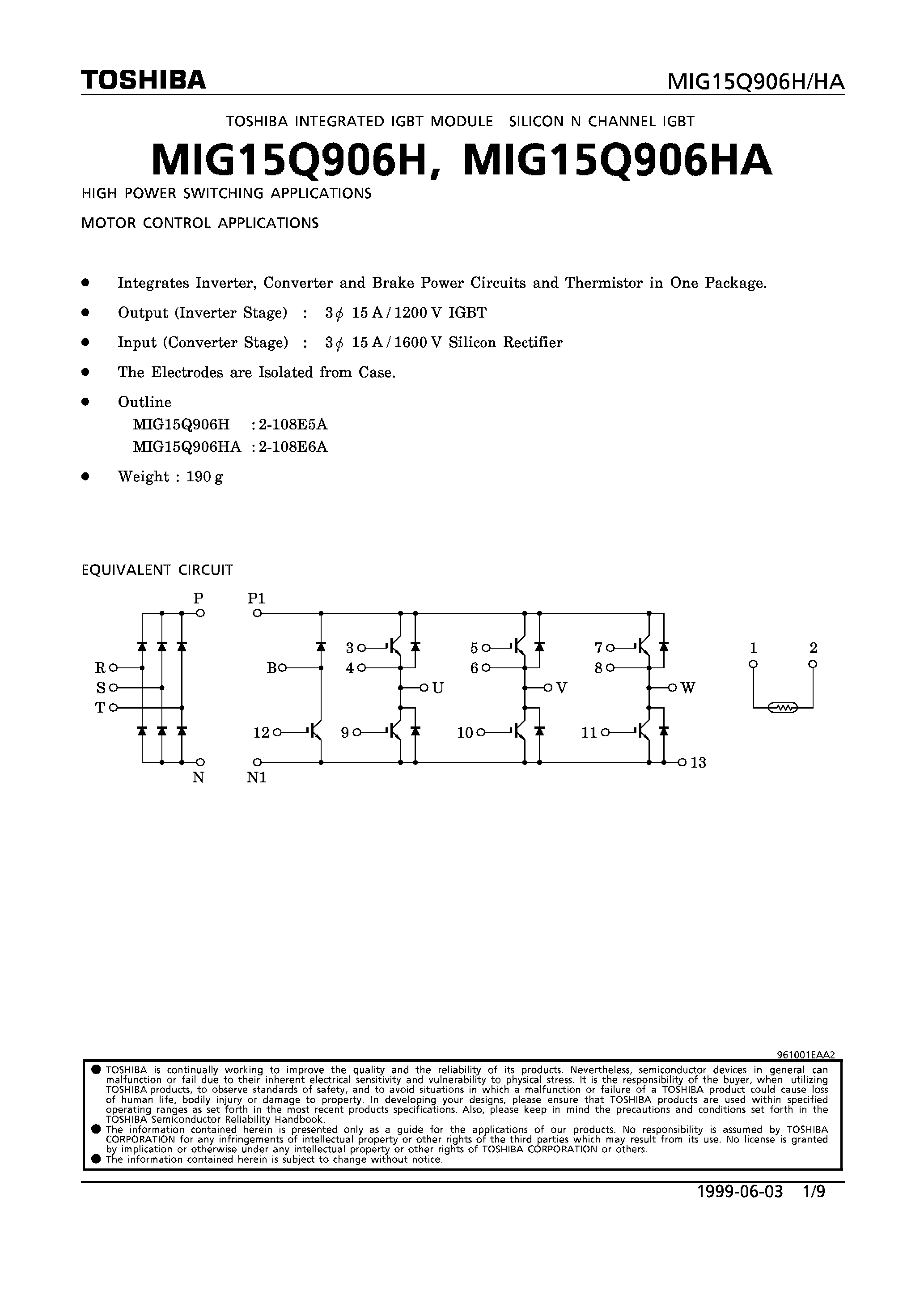 Datasheet MIG15Q906HA - N CHANNEL IGBT (HIGH POWER SWITCHING/ MOTOR CONTROL APPLICATIONS) page 1