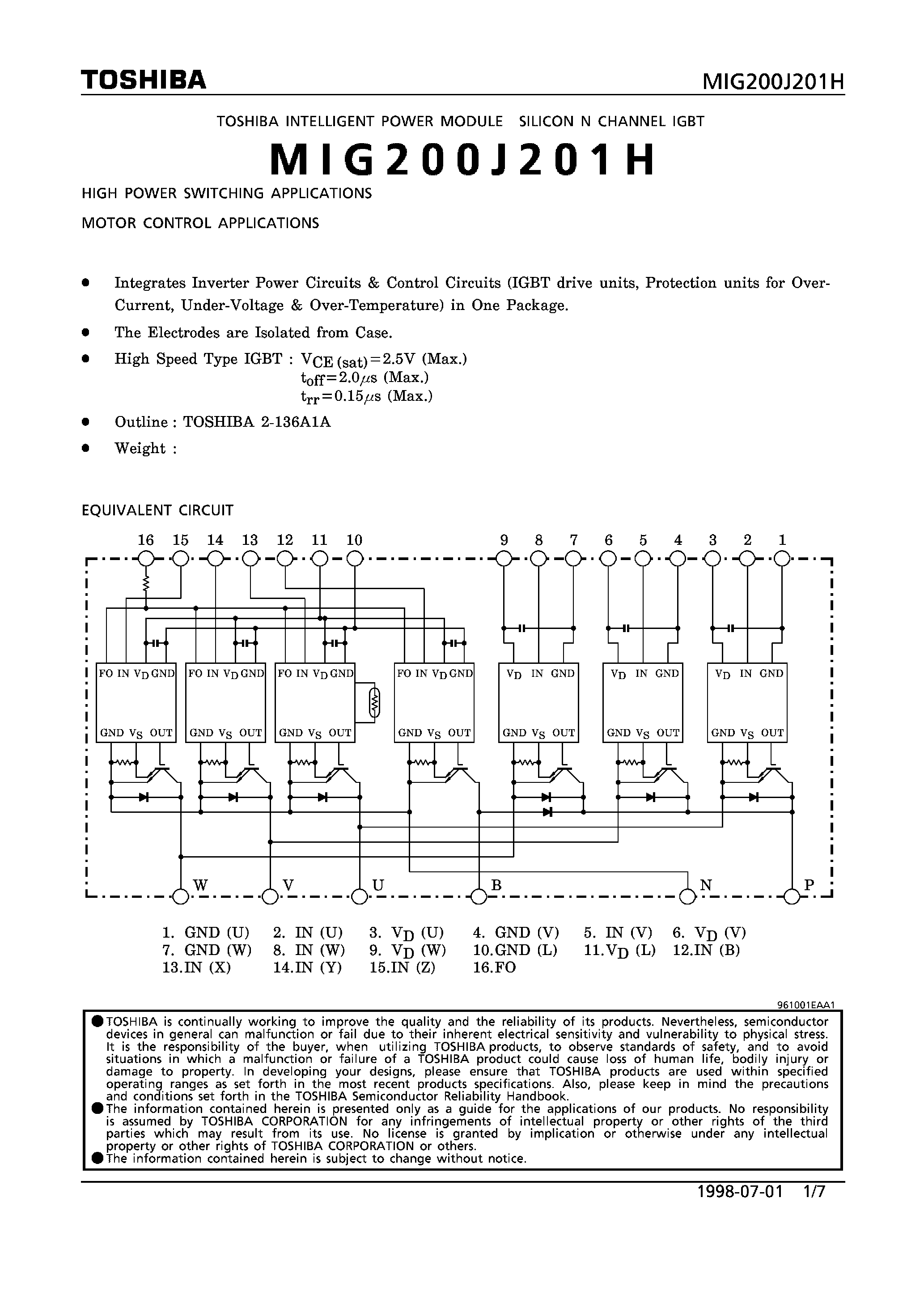 Datasheet MIG200J201H - N CHANNEL IGBT (HIGH POWER SWITCHING/ MOTOR CONTROL APPLICATIONS) page 1