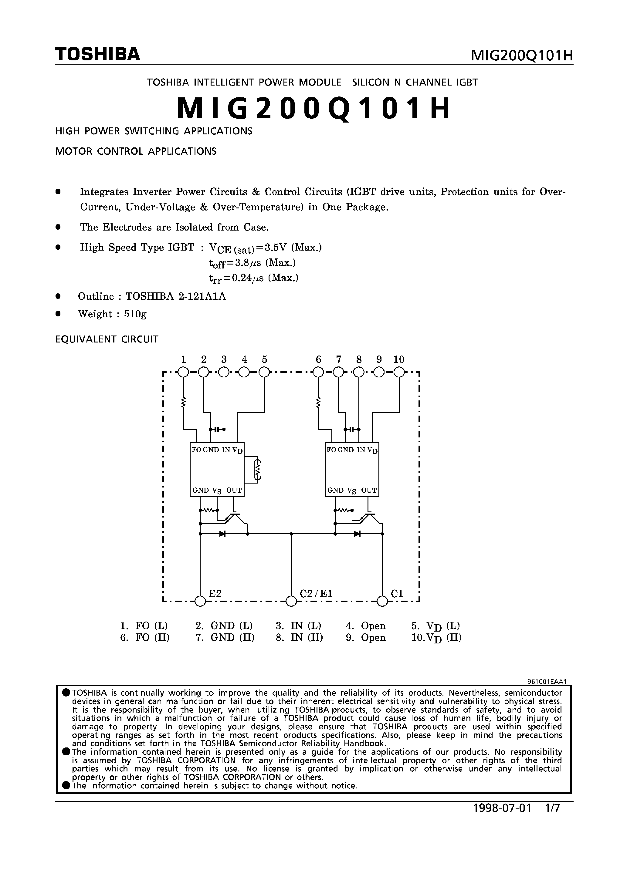 Datasheet MIG200Q101H - N CHANNEL IGBT (HIGH POWER SWITCHING/ MOTOR CONTROL APPLICATIONS) page 1