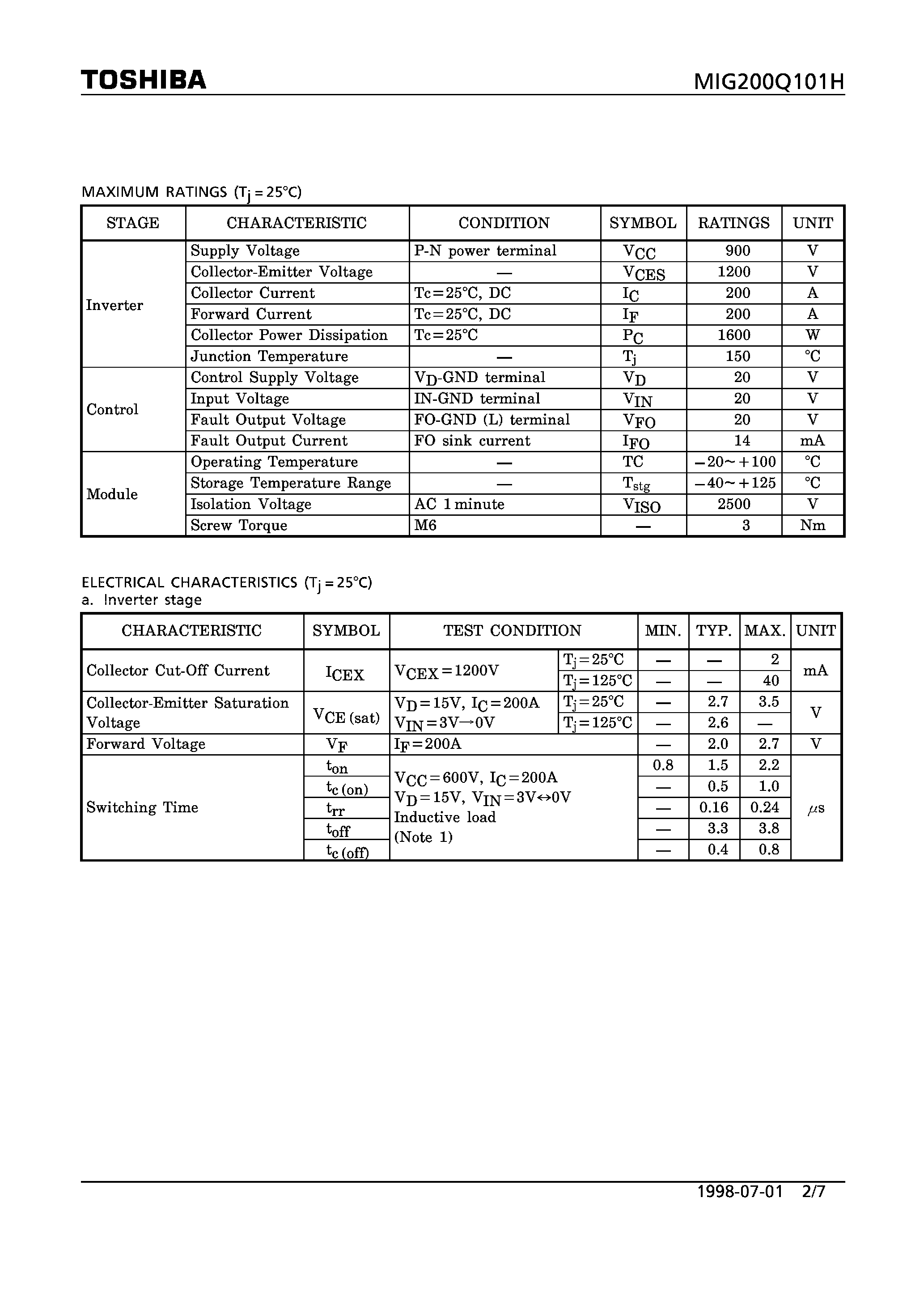 Datasheet MIG200Q101H - N CHANNEL IGBT (HIGH POWER SWITCHING/ MOTOR CONTROL APPLICATIONS) page 2
