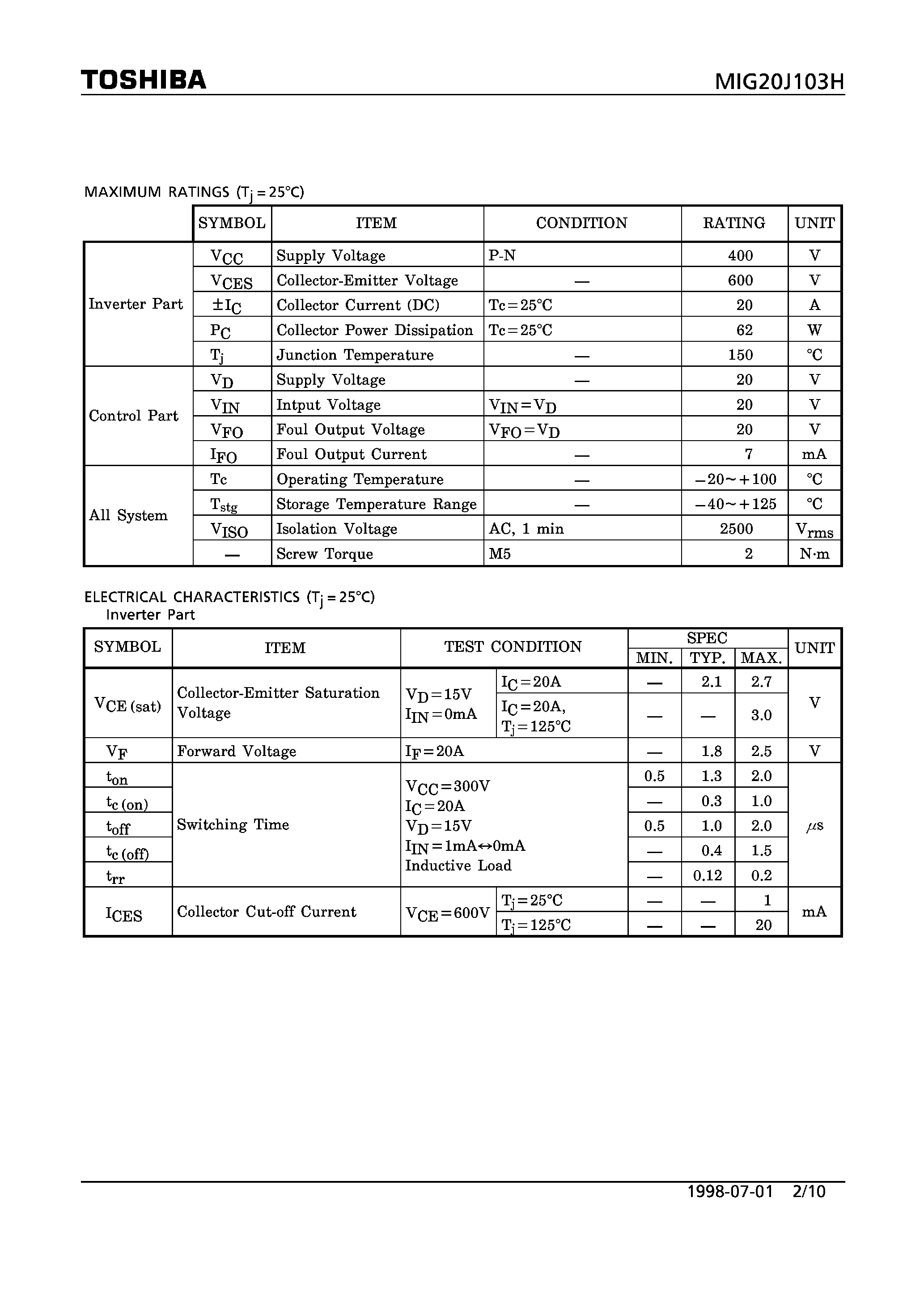 Datasheet MIG20J103 - N CHANNEL IGBT (HIGH POWER SWITCHING/ MOTOR CONTROL APPLICATIONS) page 2
