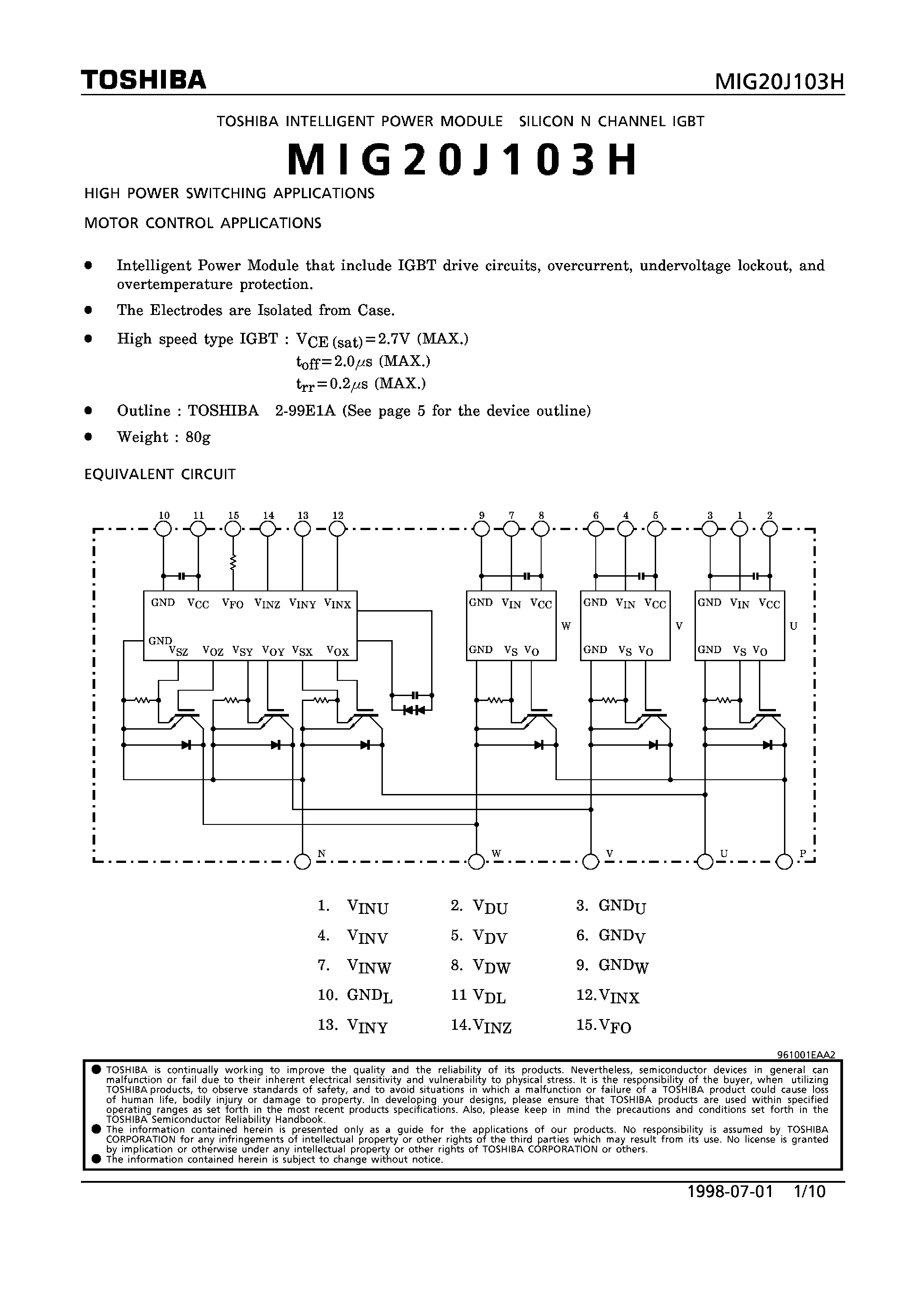 Datasheet MIG20J103H - N CHANNEL IGBT (HIGH POWER SWITCHING/ MOTOR CONTROL APPLICATIONS) page 1