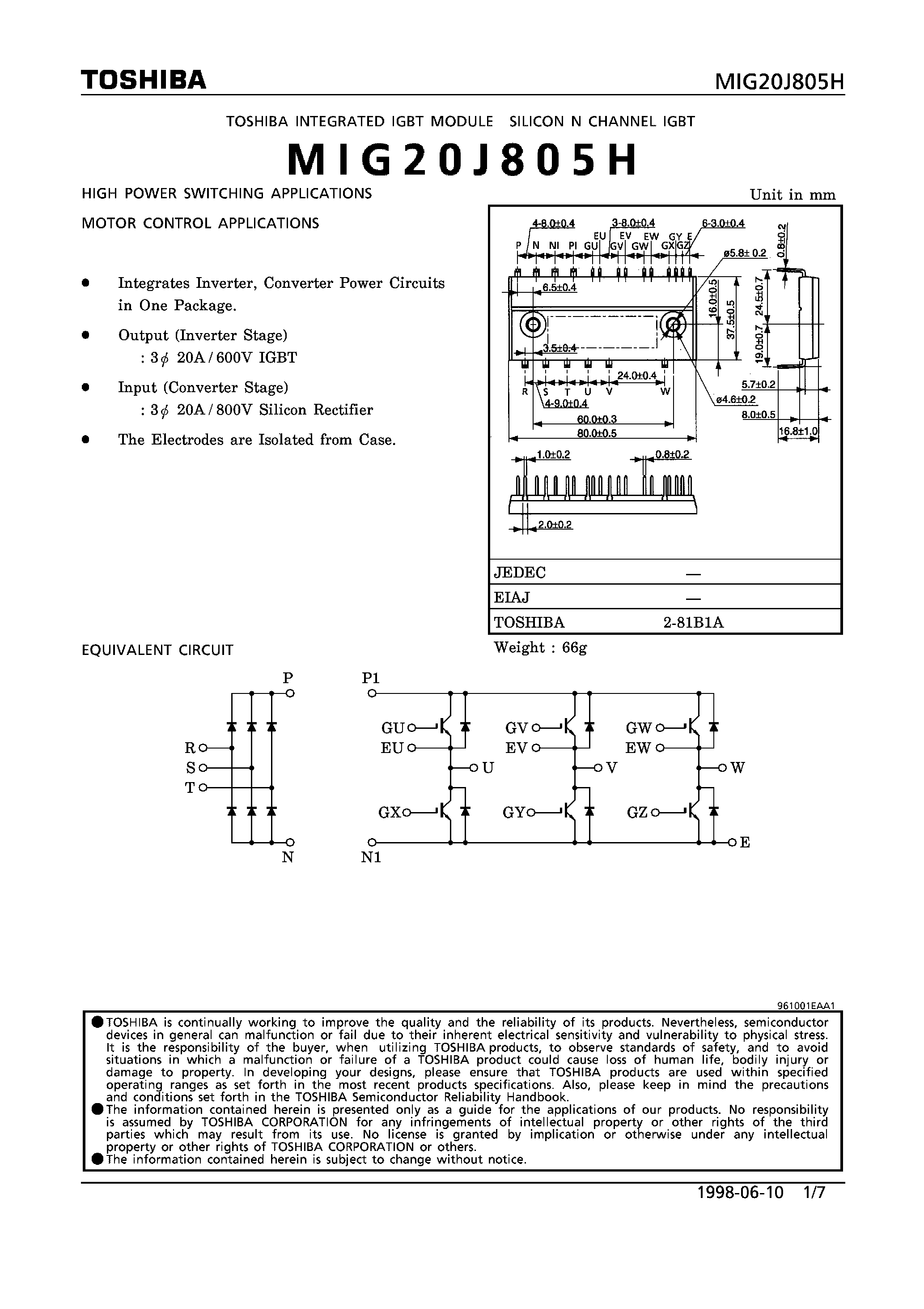 Datasheet MIG20J805H - N CHANNEL IGBT (HIGH POWER SWITCHING/ MOTOR CONTROL APPLICATIONS) page 1