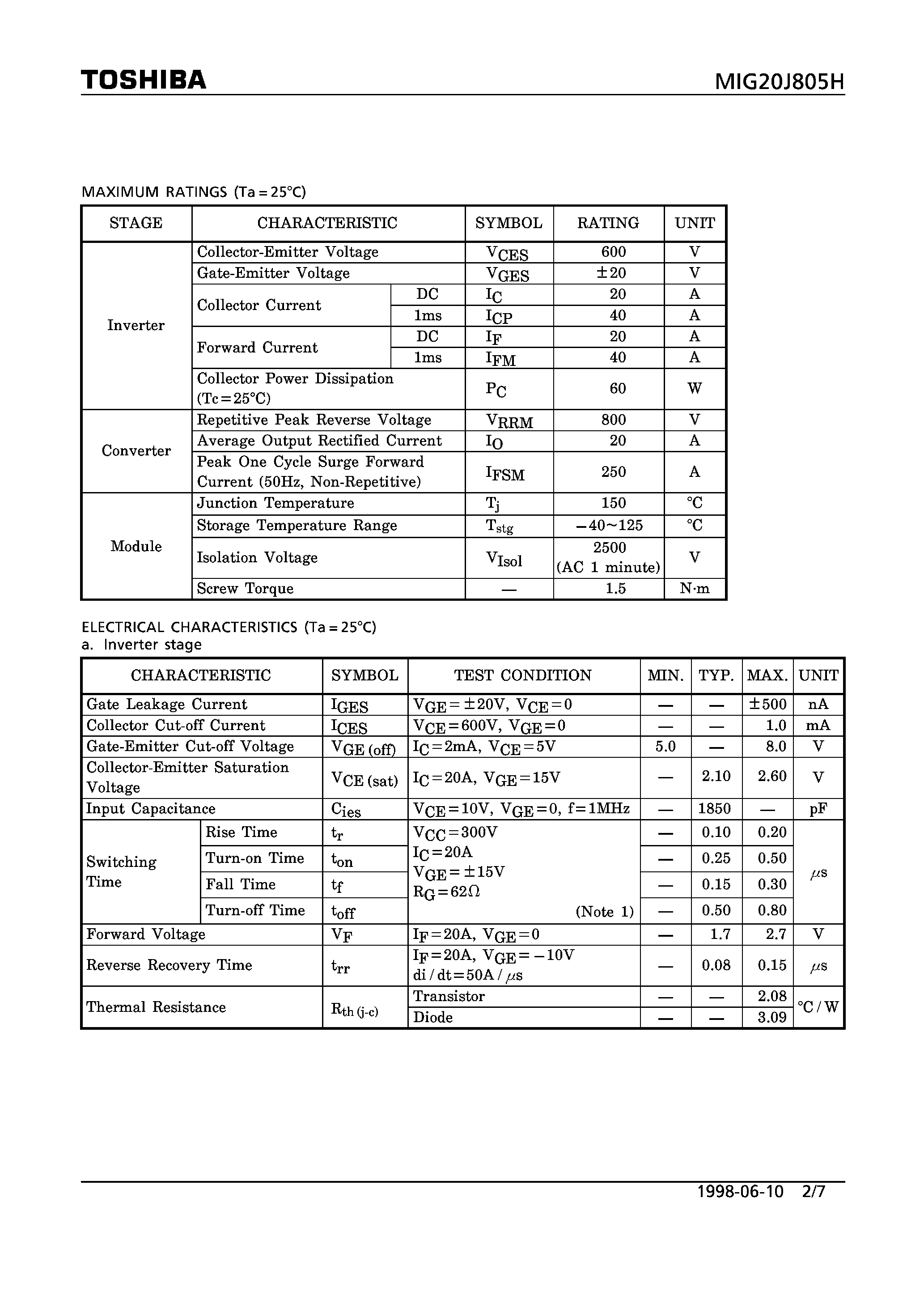 Datasheet MIG20J805H - N CHANNEL IGBT (HIGH POWER SWITCHING/ MOTOR CONTROL APPLICATIONS) page 2