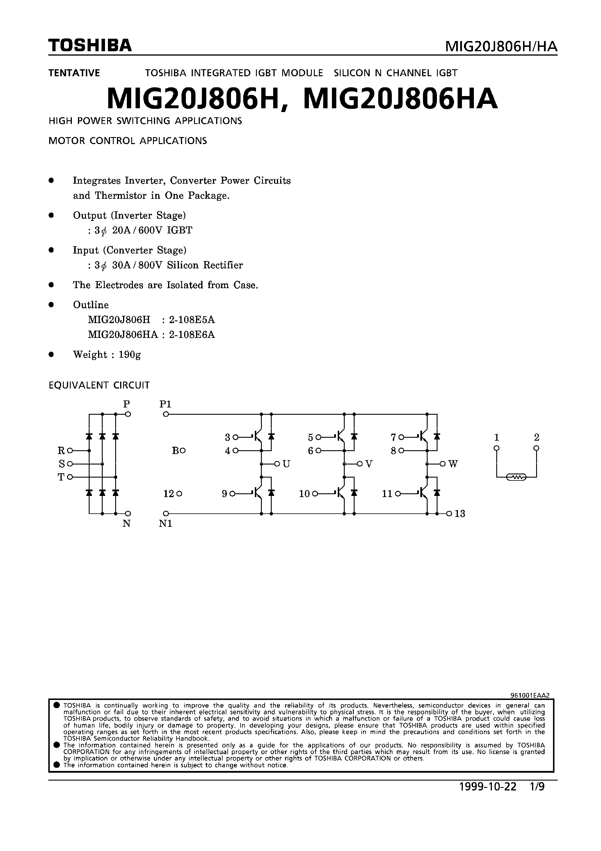 Даташит на микросхему MIG20J806H страница 1 Даташит MIG20J806H - N CHANNEL IGBT (HIGH POWER SWITCHING/ MOTOR CONTROL APPLICATIONS) страница 1