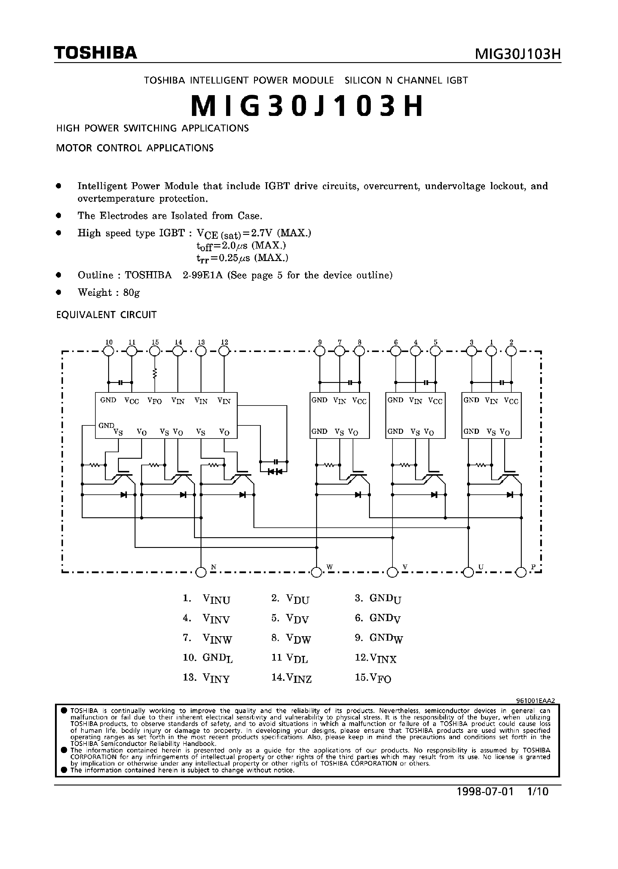 Datasheet MIG30J103H - TOSHIBA INTELLIGENT POWER MODULE SILICON N CHANNEL LGBT page 1