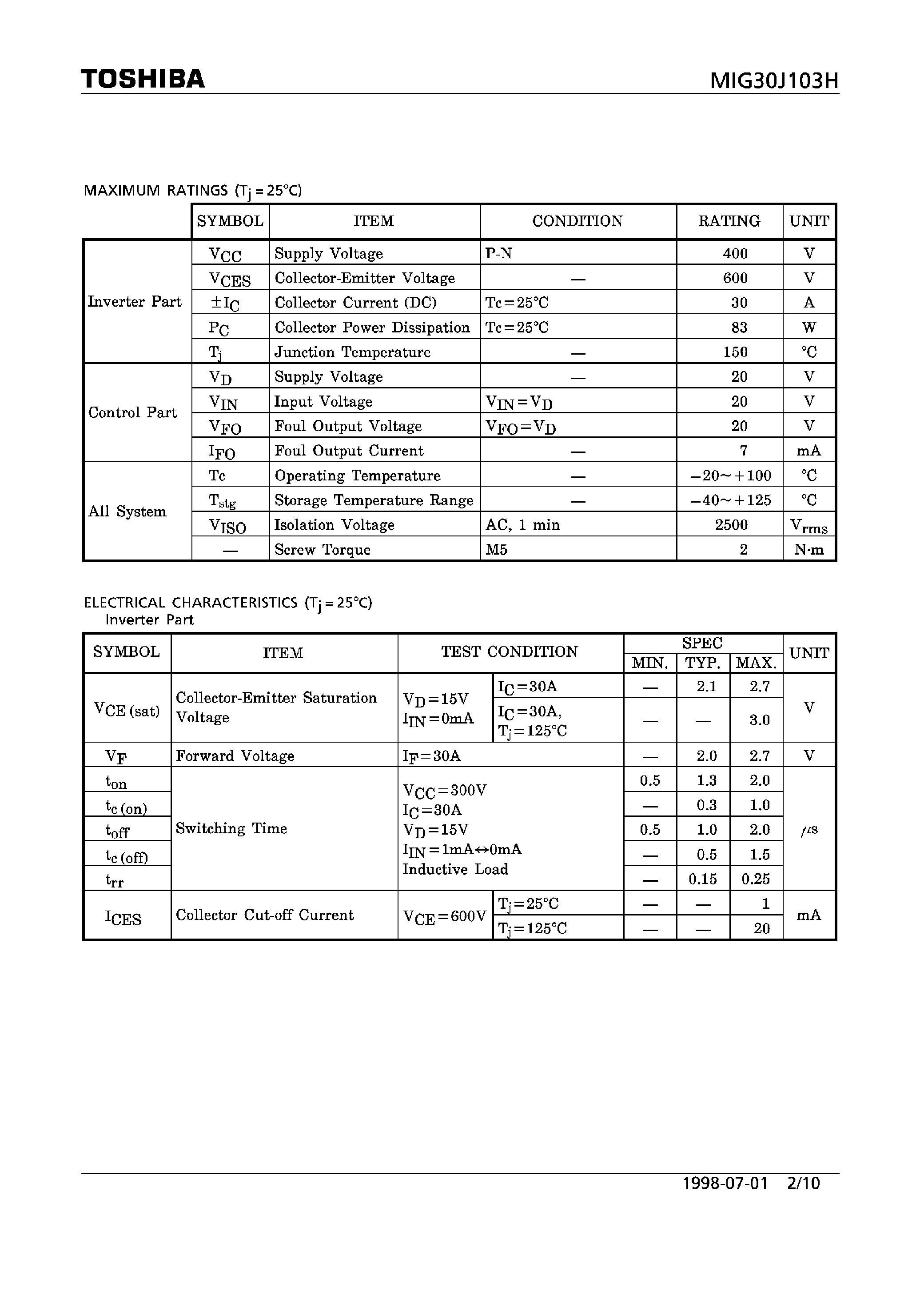 Datasheet MIG30J103H - TOSHIBA INTELLIGENT POWER MODULE SILICON N CHANNEL LGBT page 2