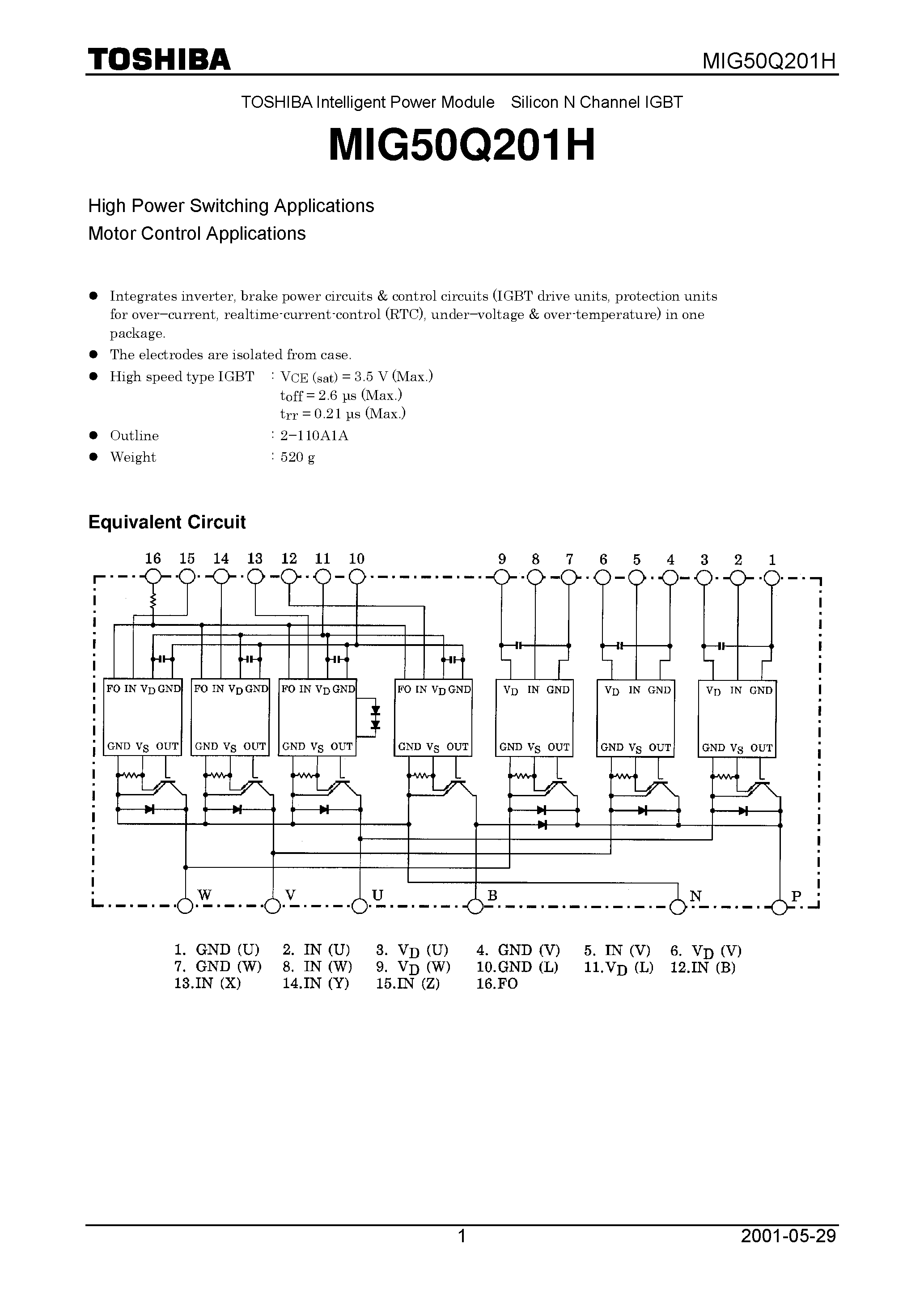 Datasheet MIG50Q201H page 1 Datasheet MIG50Q201H - High Power Switching Applications Motor Control Applications page 1