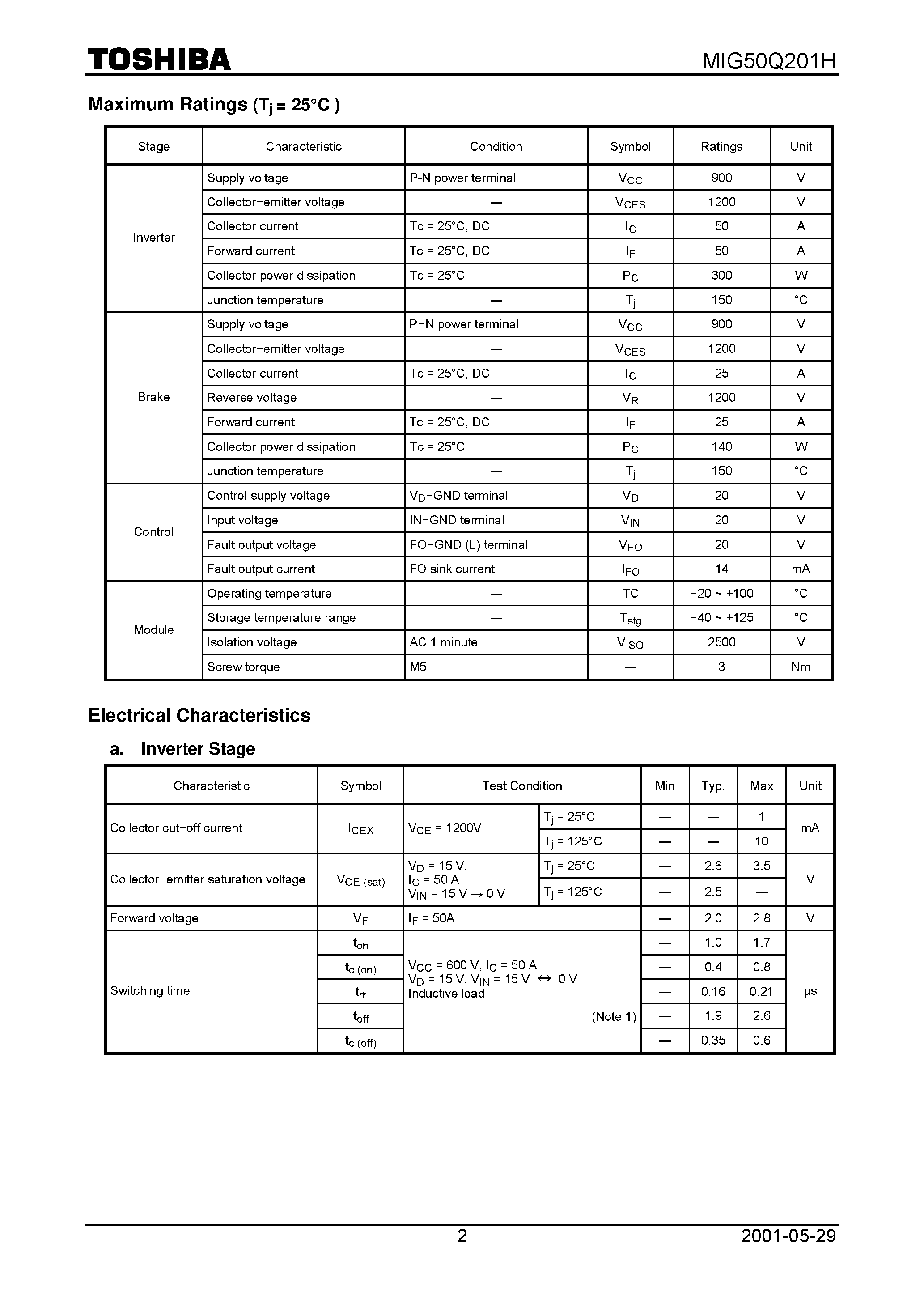 Datasheet MIG50Q201H page 2 Datasheet MIG50Q201H - High Power Switching Applications Motor Control Applications page 2