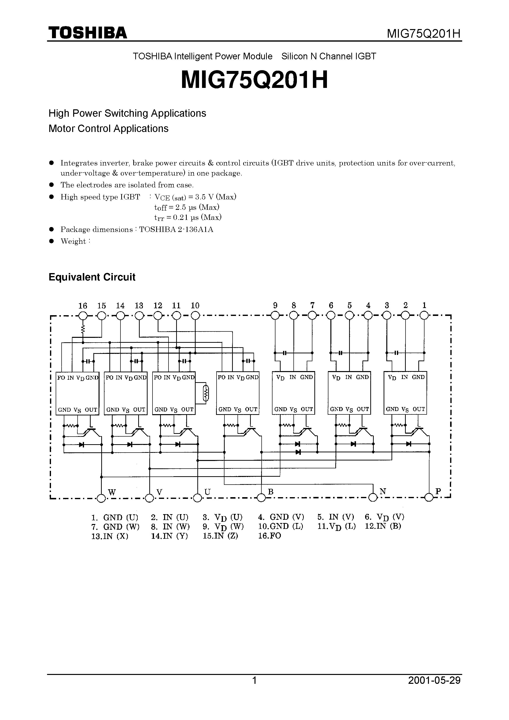 Datasheet MIG75Q201H - High Power Switching Applications Motor Control Applications page 1