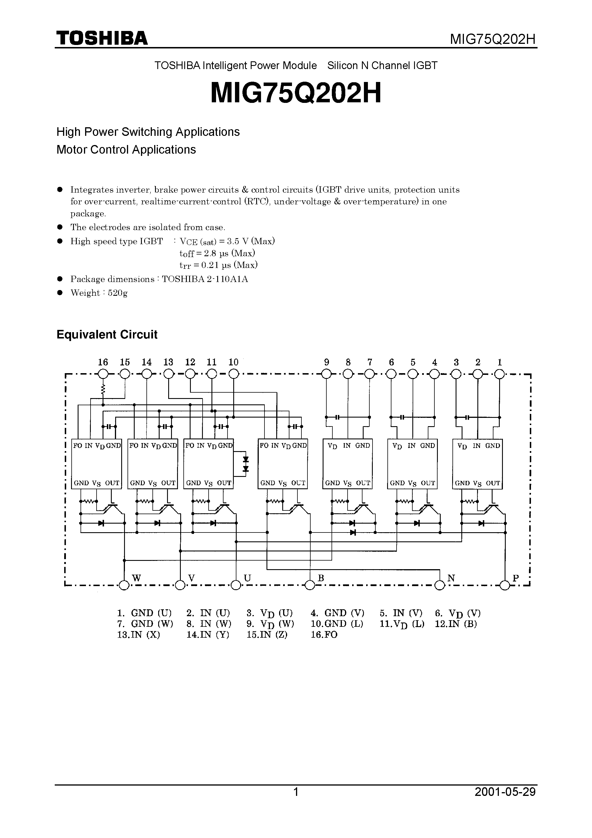 Datasheet MIG75Q202H - High Power Switching Applications Motor Control Applications page 1