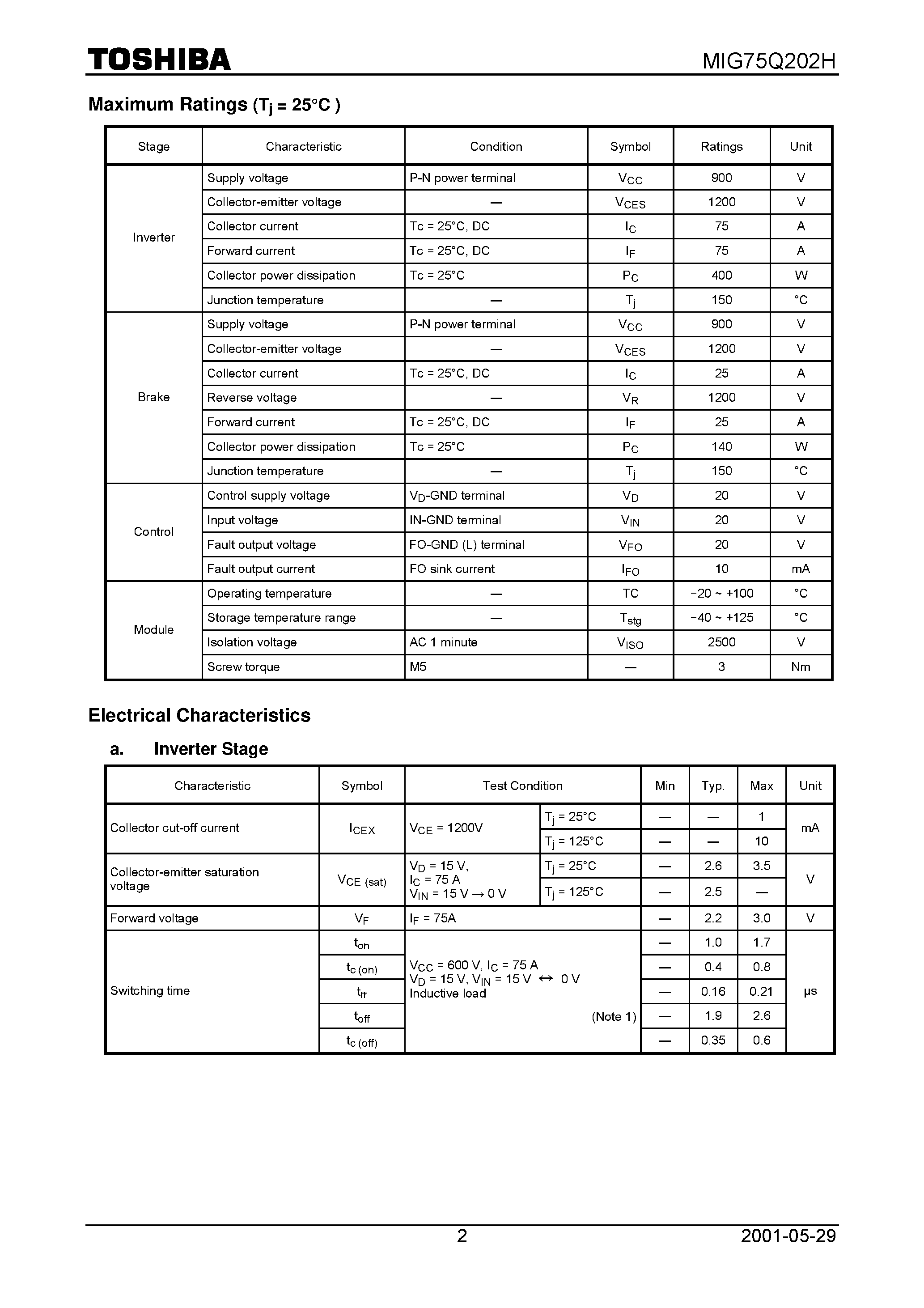 Datasheet MIG75Q202H - High Power Switching Applications Motor Control Applications page 2