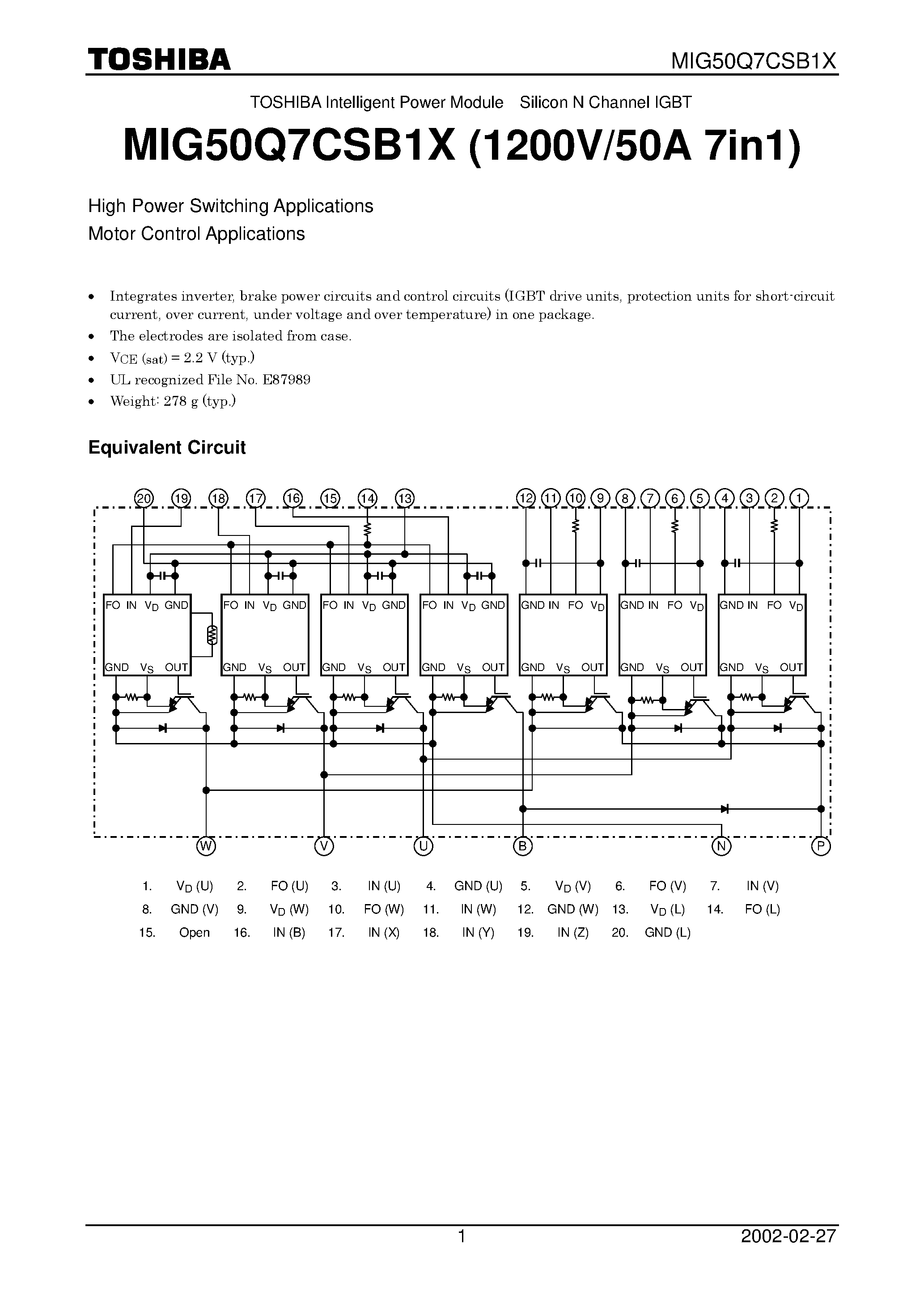 Datasheet MIG75Q7CSB1X page 1 Datasheet MIG75Q7CSB1X - High Power Switching Applications Motor Control Applications page 1