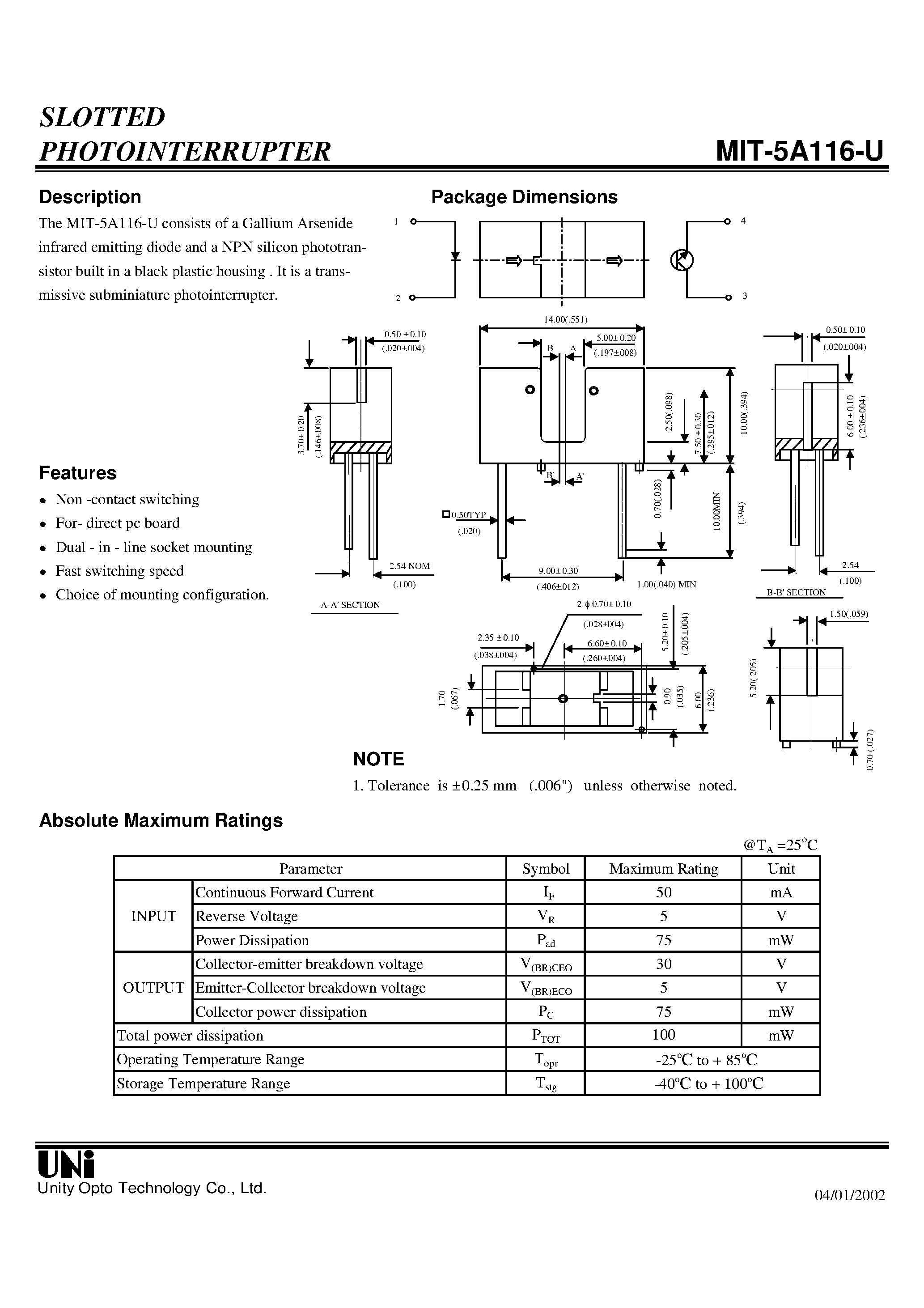 Datasheet MIT-5A116-U - SLOTTED PHOTOINTERRUPTER page 1