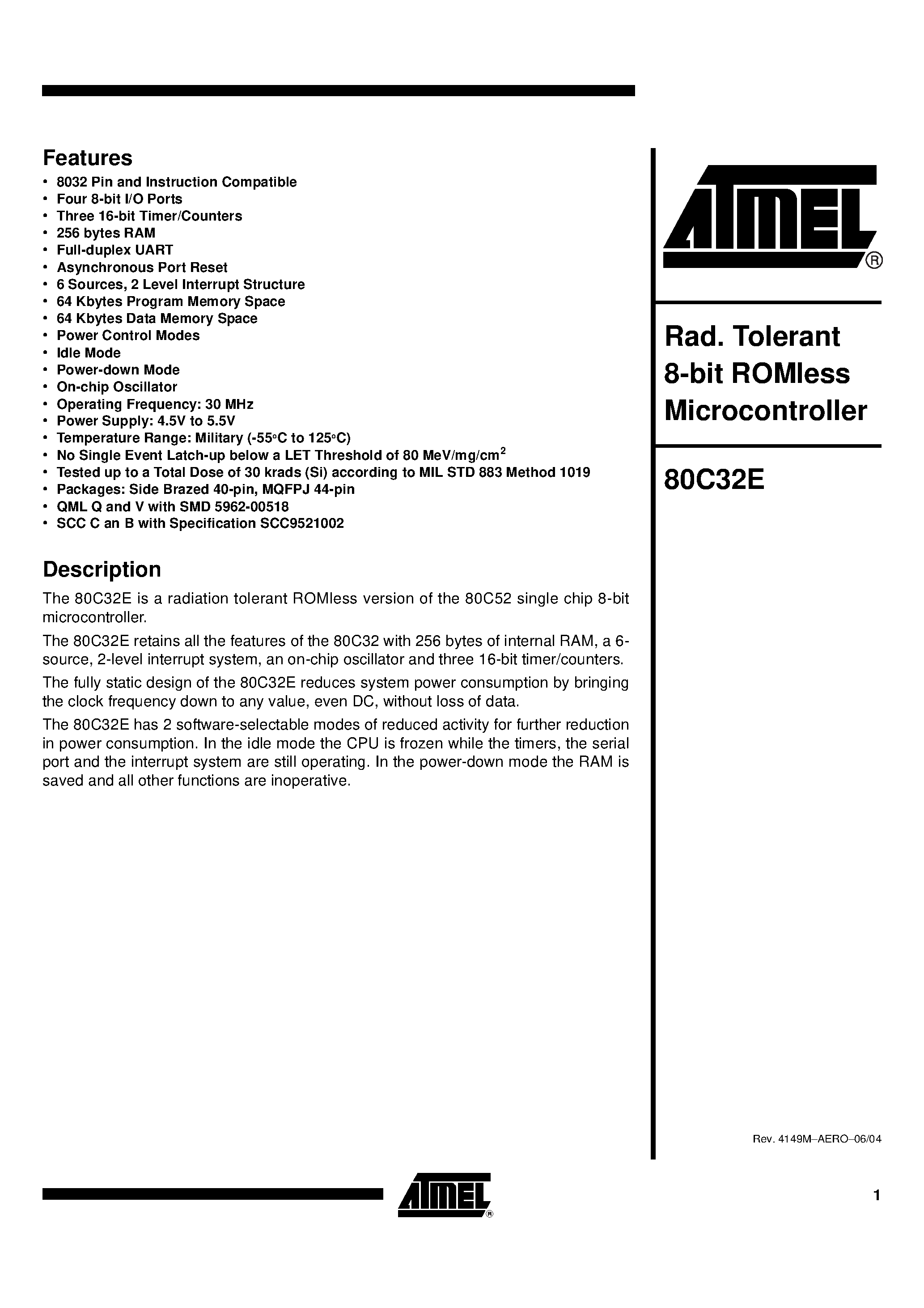 Datasheet MJ-80C32E-30-E - Rad. Tolerant 8-bit ROMless Microcontroller page 1