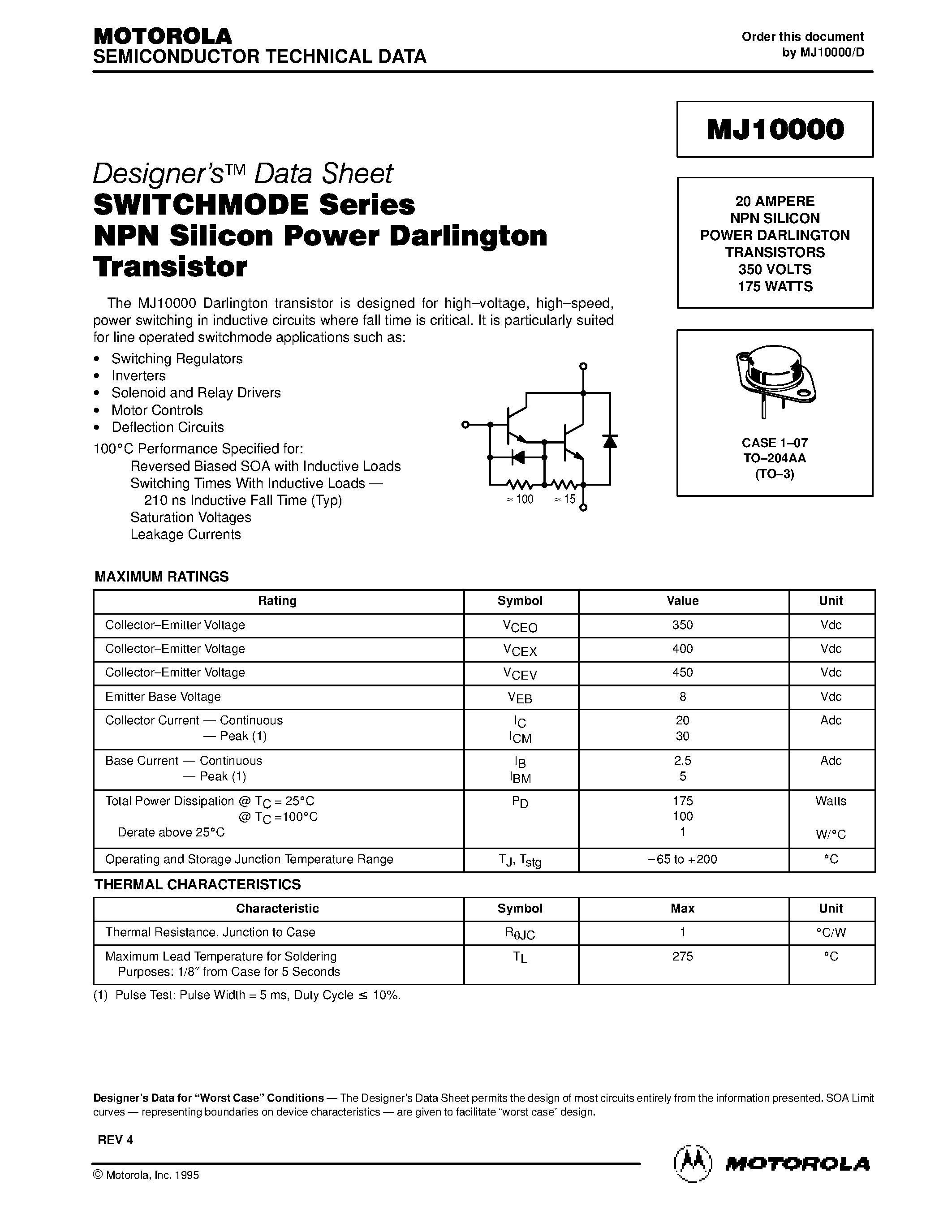 Даташит на микросхему MJ10000 страница 1 Даташит MJ10000 - 20 AMPERE NPN SILICON POWER DARLINGTON TRANSISTORS 350 VOLTS 175 WATTS страница 1
