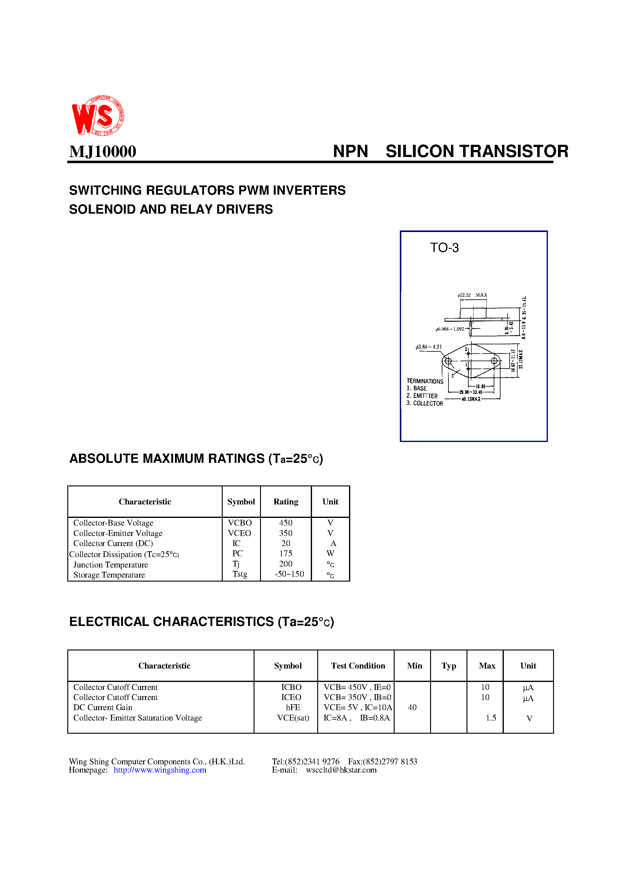 Даташит MJ10000 - NPN SILICON TRANSISTOR(SWITCHING REGULATORS PWM INVERTERS SOLENOID AND RELAY DRIVERS) страница 1