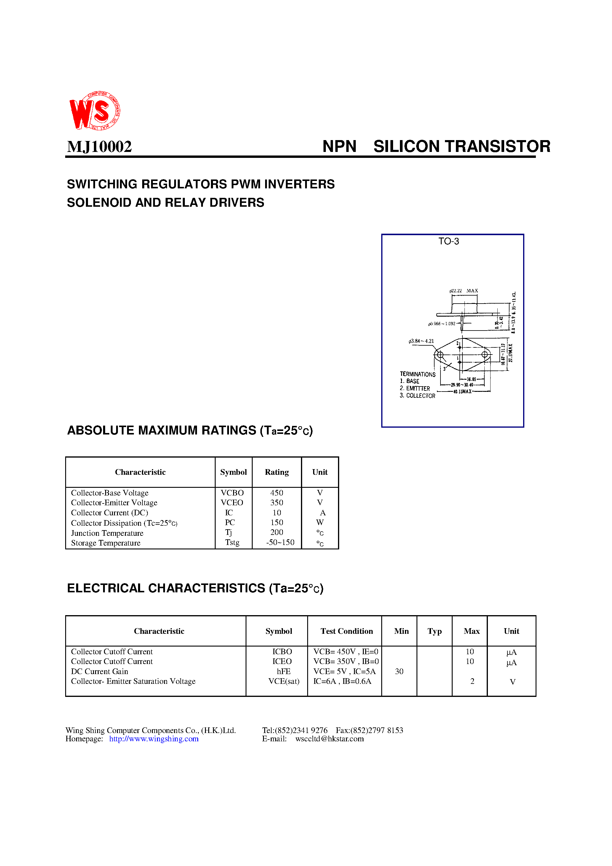 Даташит MJ10002 - NPN SILICON TRANSISTOR(SWITCHING REGULATORS PWM INVERTERS SOLENOID AND RELAY DRIVERS) страница 1