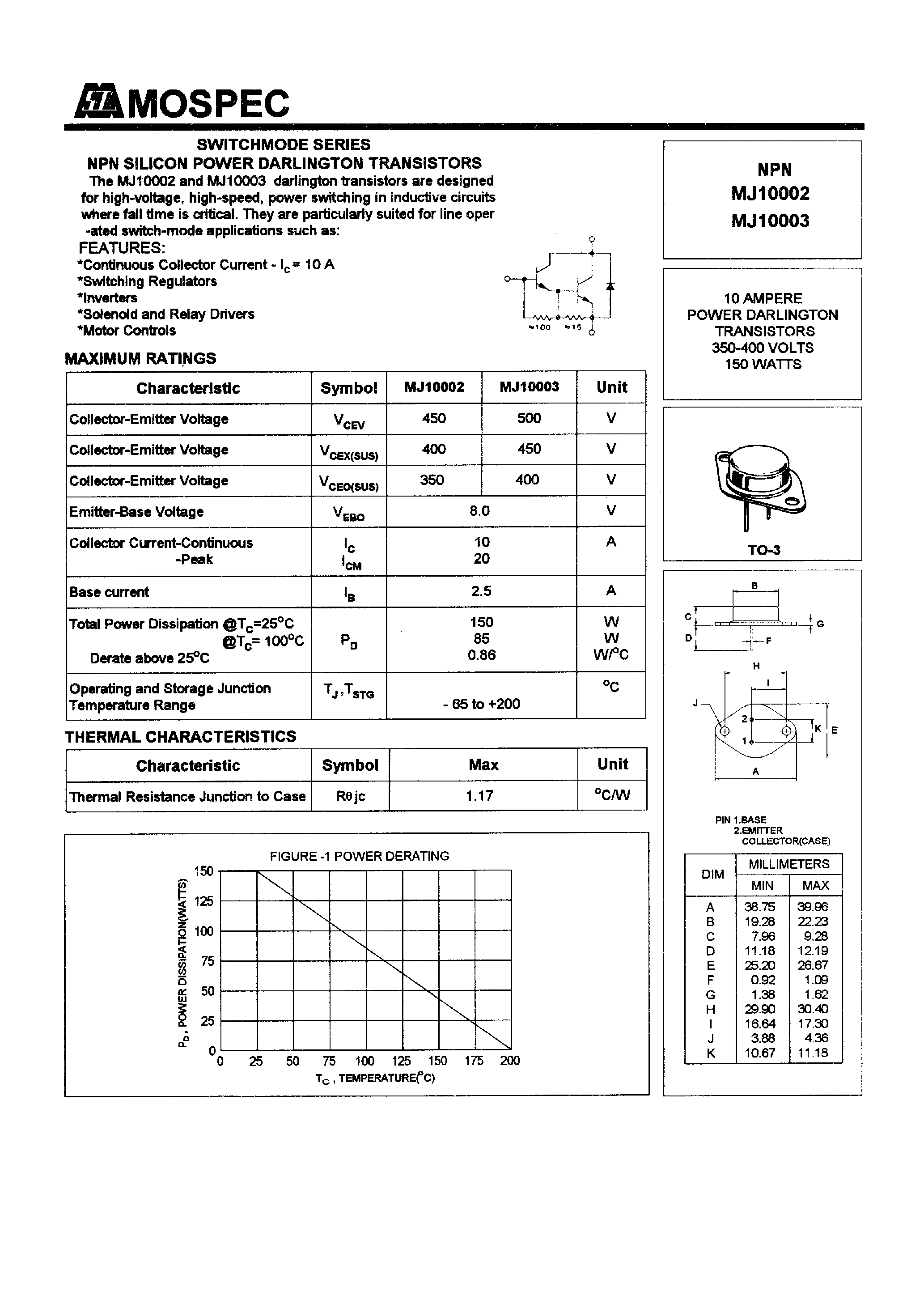 Даташит на микросхему MJ10003 страница 1 Даташит MJ10003 - POWER TRANSISTORS(10A/350-400V/150W) страница 1