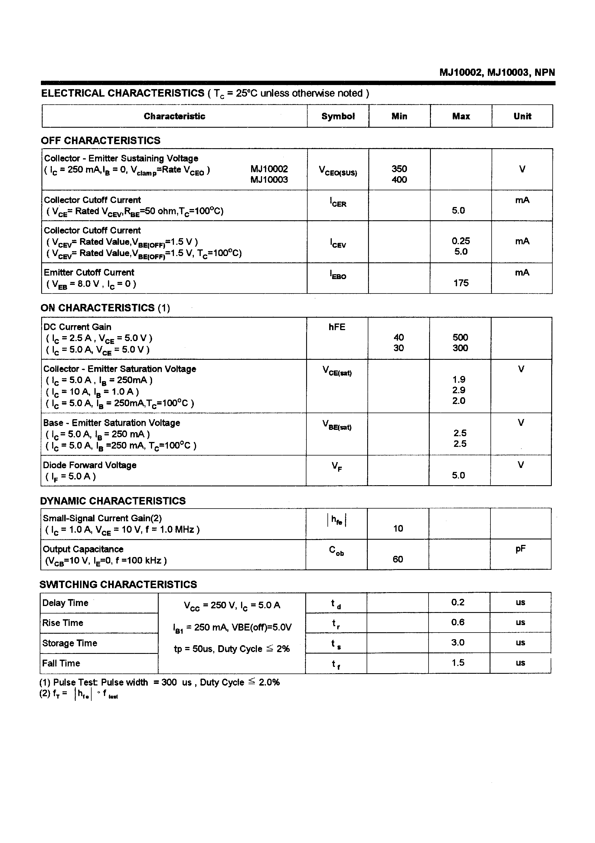Даташит на микросхему MJ10003 страница 2 Даташит MJ10003 - POWER TRANSISTORS(10A/350-400V/150W) страница 2