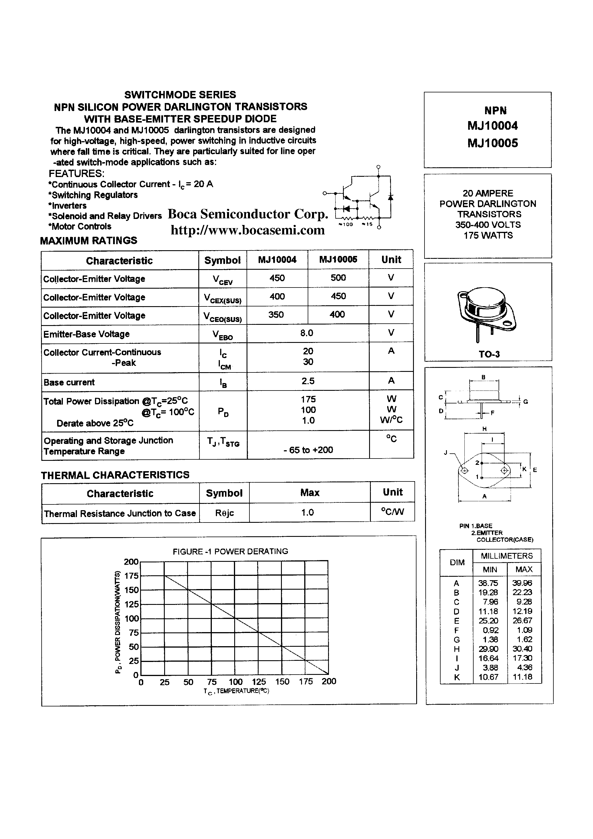Даташит MJ10004 - SWITCHMODE SERIES NPN SILICON POWER DARLINGTON TRANSISTORS WITH BASE-EMITTER SPEEDUP DIODE страница 1