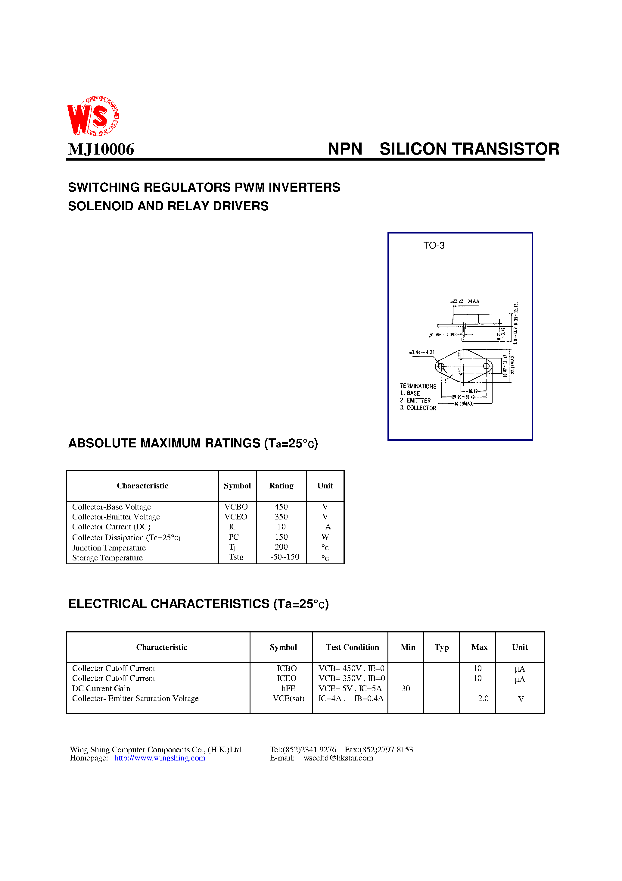 Даташит MJ10006 - NPN SILICON TRANSISTOR(SWITCHING REGULATORS PWM INVERTERS SOLENOID AND RELAY DRIVERS) страница 1