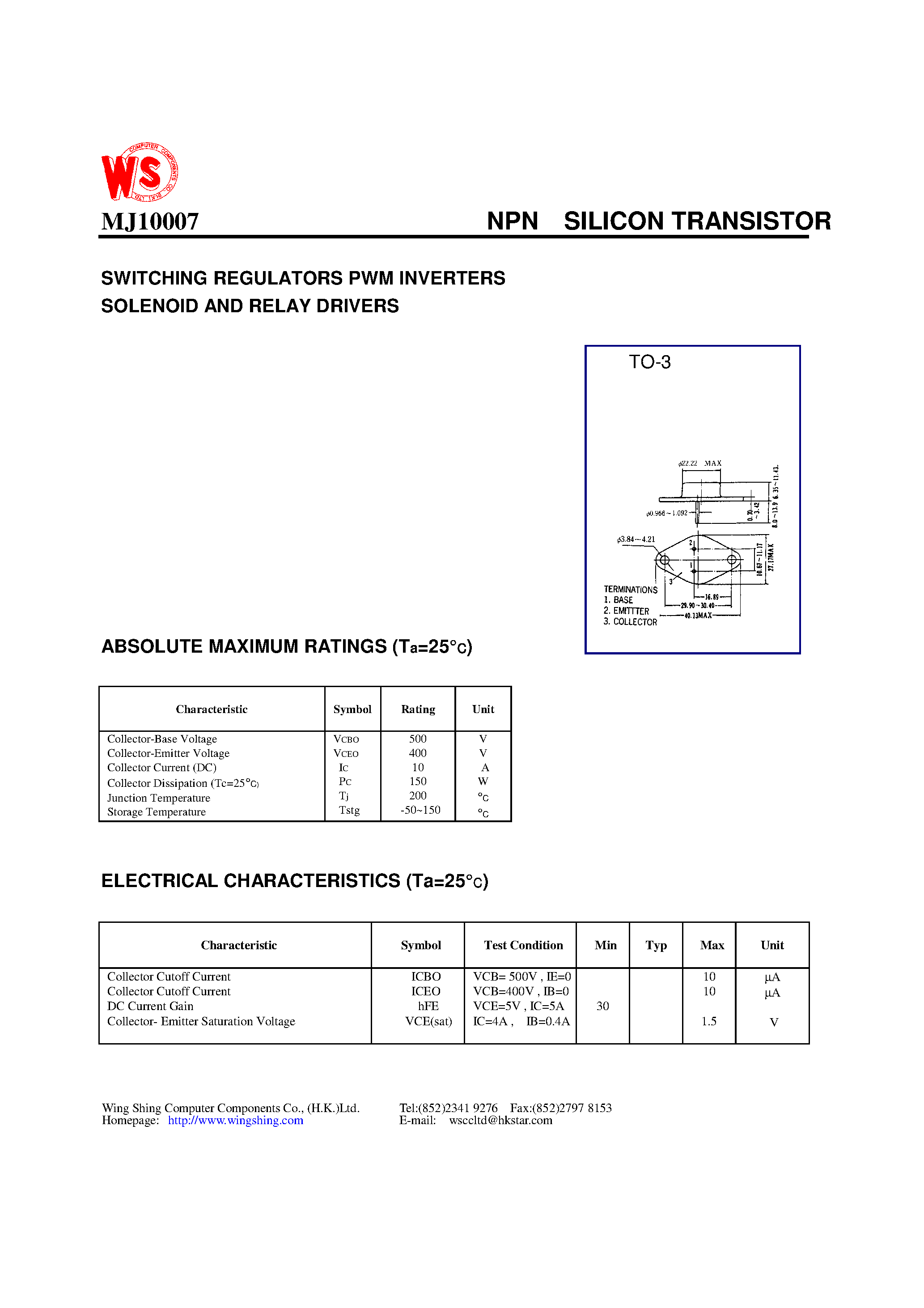Даташит MJ10007 - NPN SILICON TRANSISTOR(SWITCHING REGULATORS PWM INVERTERS SOLENOID AND RELAY DRIVERS) страница 1