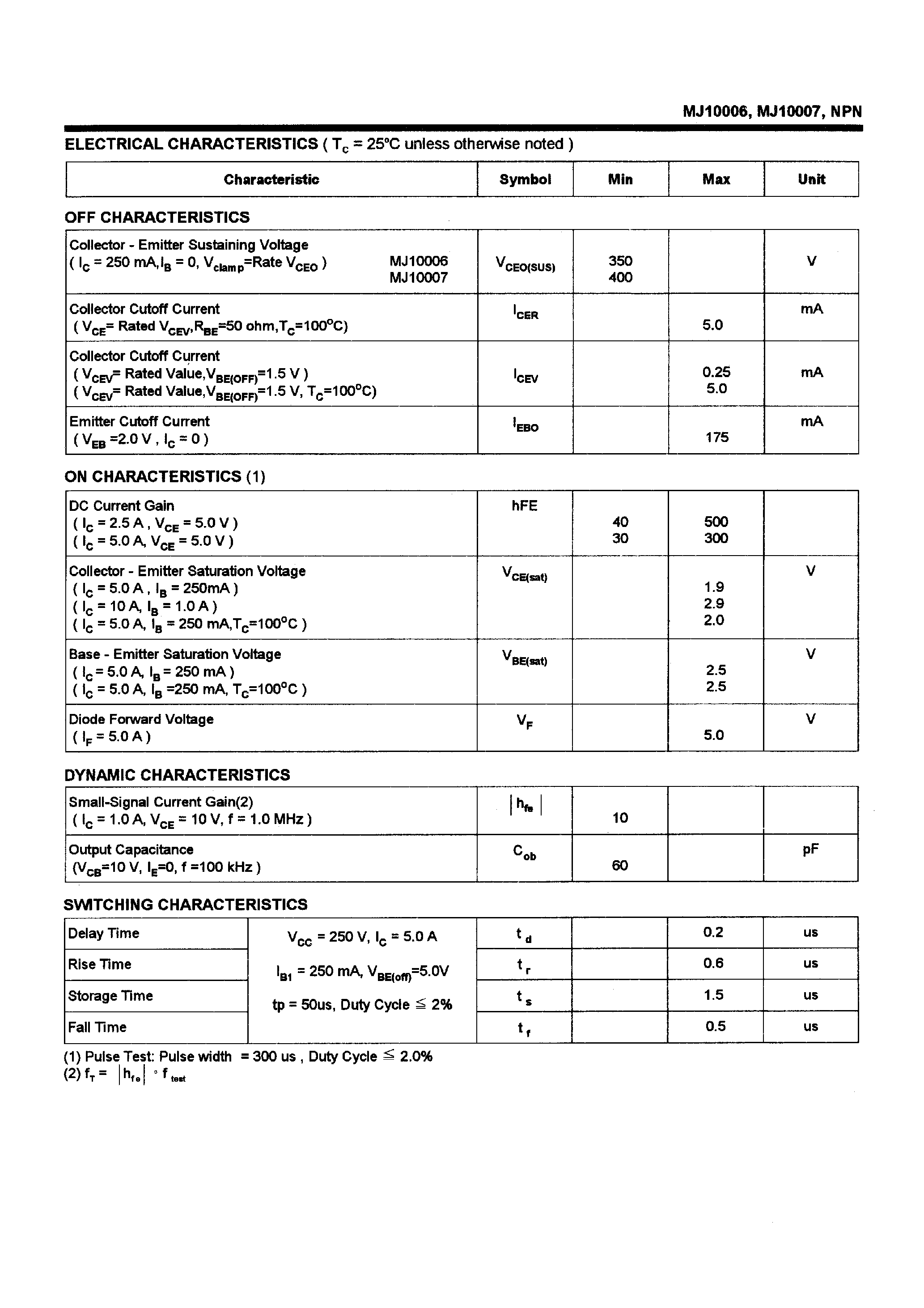 Даташит на микросхему MJ10007 страница 2 Даташит MJ10007 - POWER TRANSISTORS(10A/350-400V/150W) страница 2